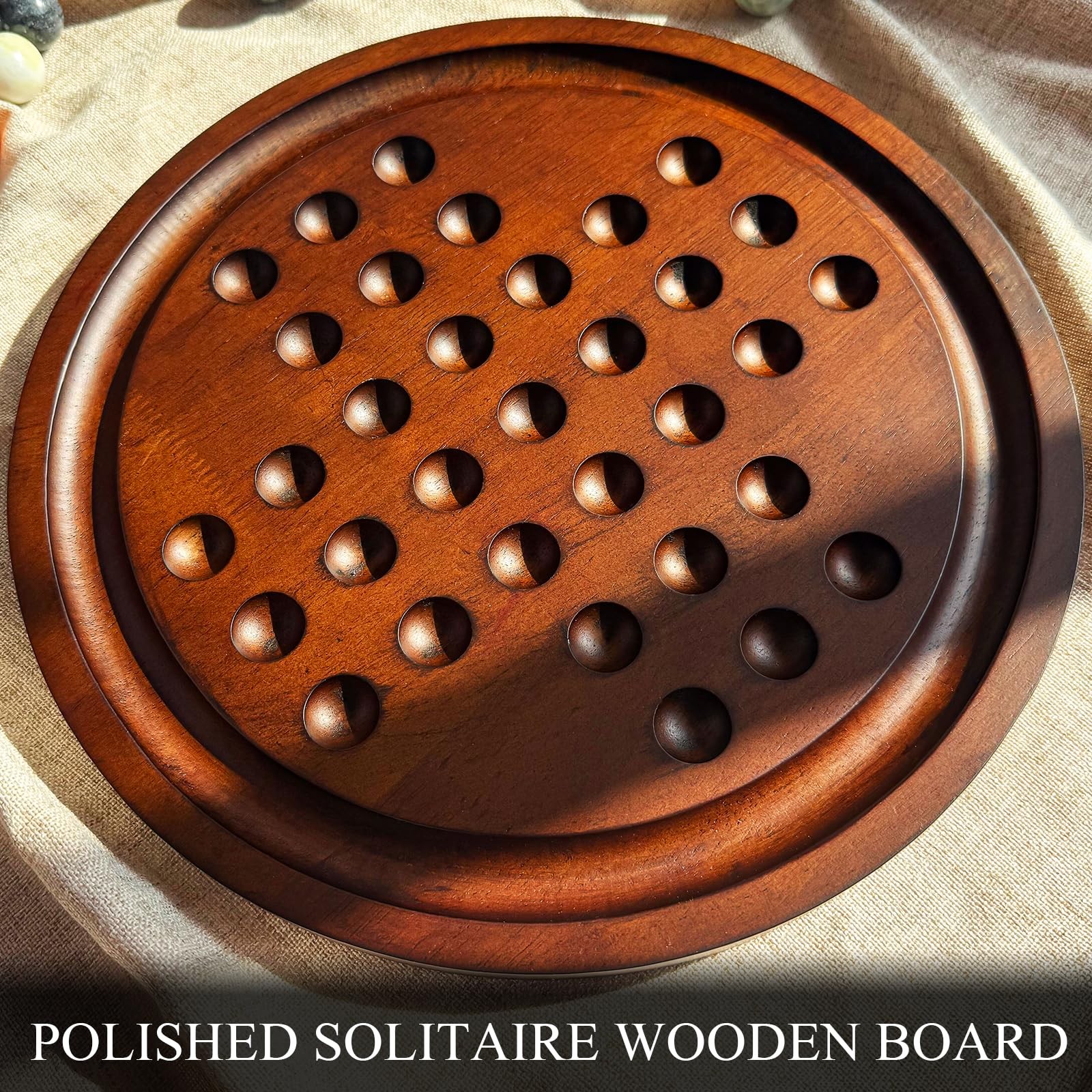 Solitaire Game,12.7-Inch inches Solid Wooden Board with 33 Natural Marble Balls,