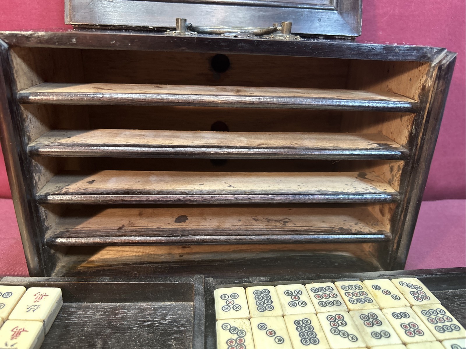 Vtg Chinese Mahjong Tiles Set w Characters Inlay Drawers Box Chest