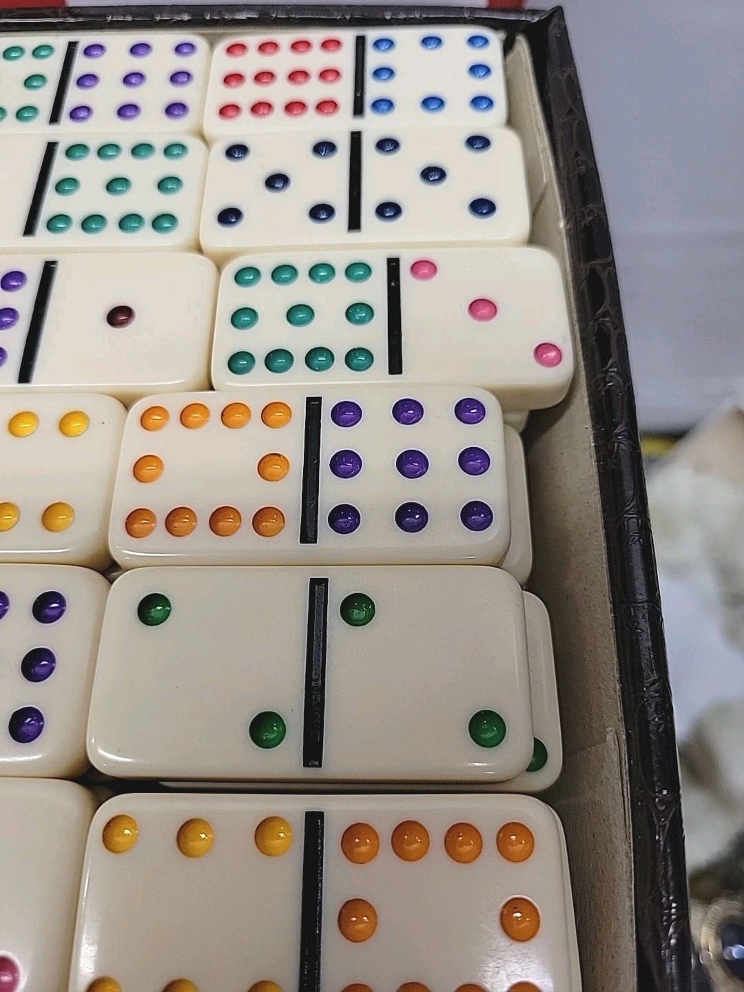 Double 12 Dominoes Set Faux Crocodile Case Multicolor Pips + Bonus Tiles 1980s