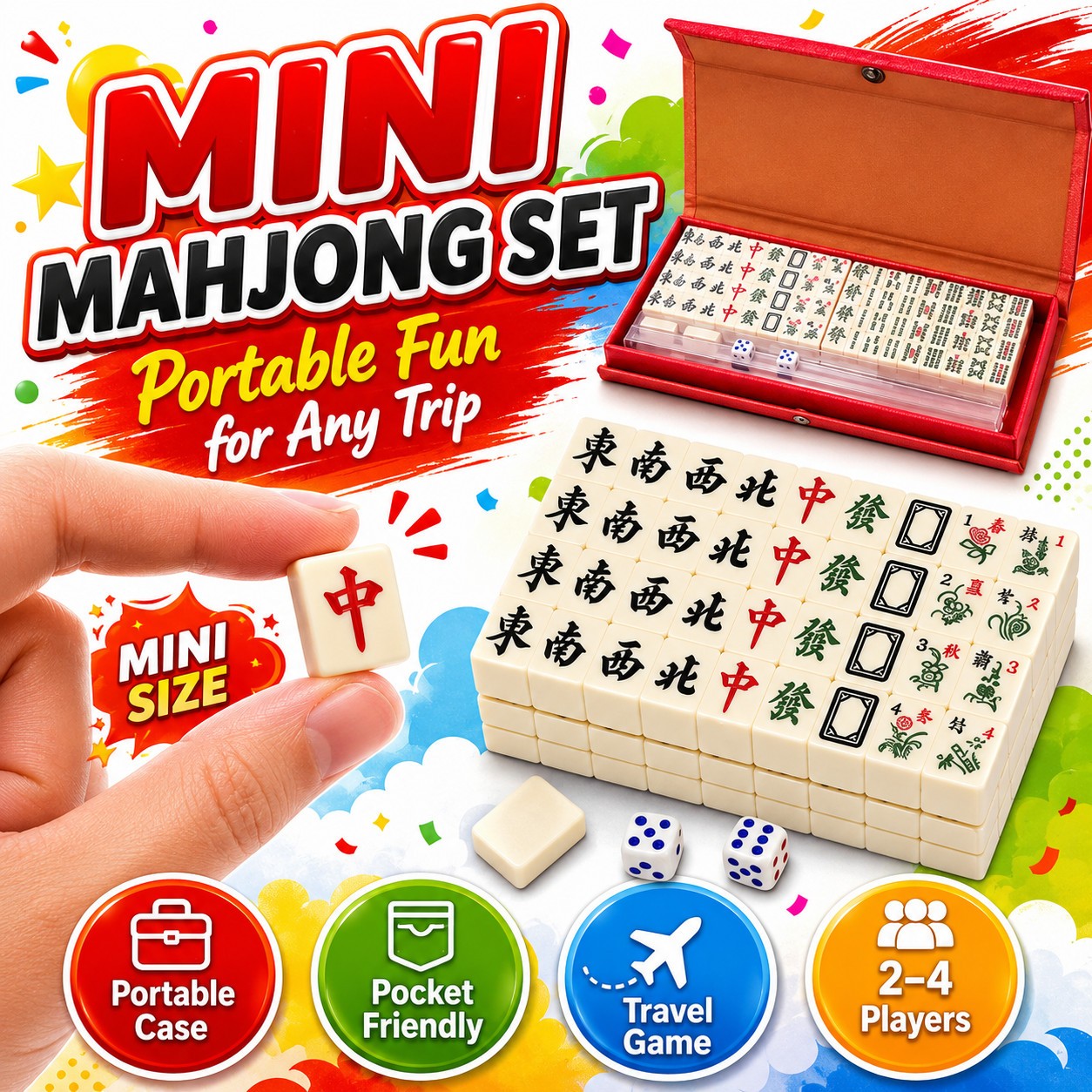 Travel Mini Mahjong Set Pocket Size Tiles w/ Portable Case Dice Family Fun Game!