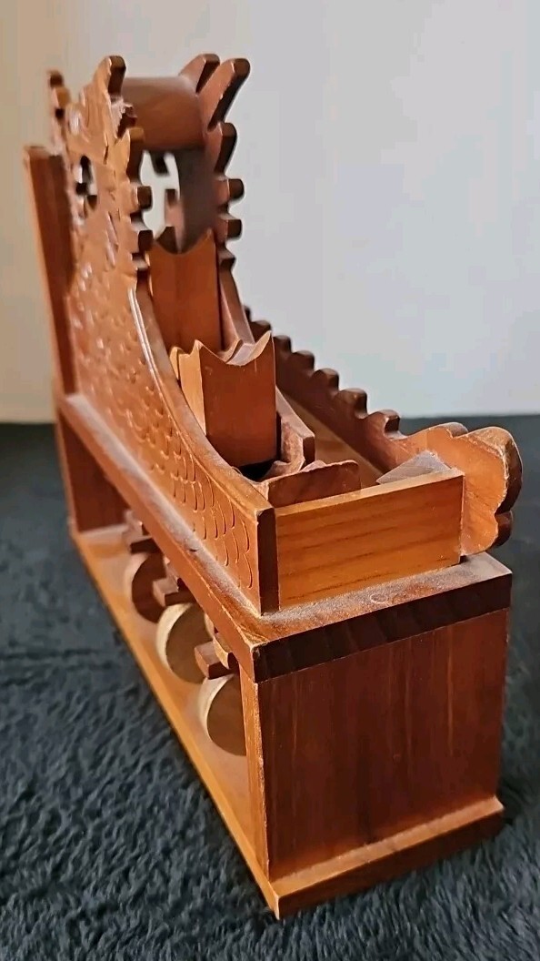 Unique Asian Dragon Themed Handmade Wooden Camshaft Marble Ball Mover Roller Vtg