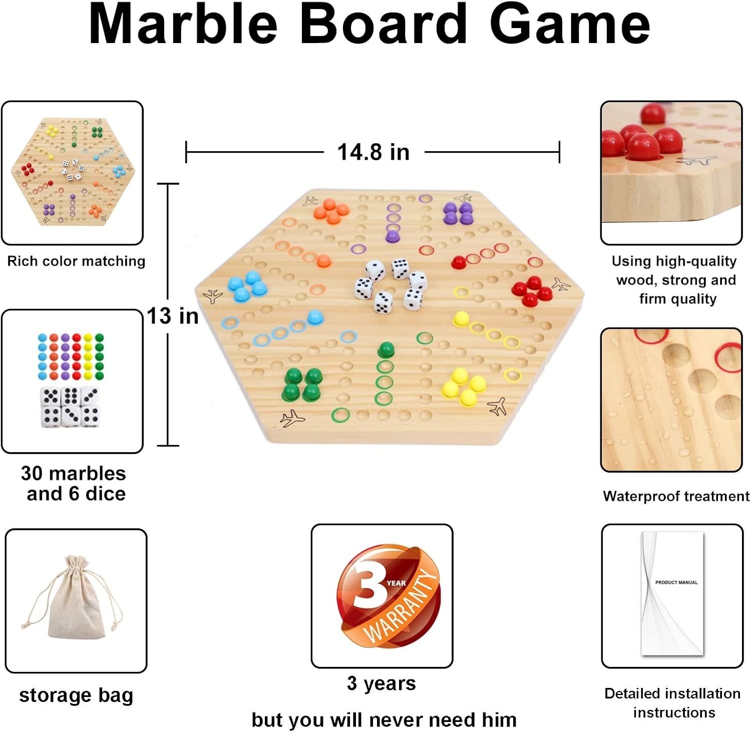 Wooden Fast Track Board Game 15 Inch Double-Sided 4-6 Players 30 Marbles Dice 6P