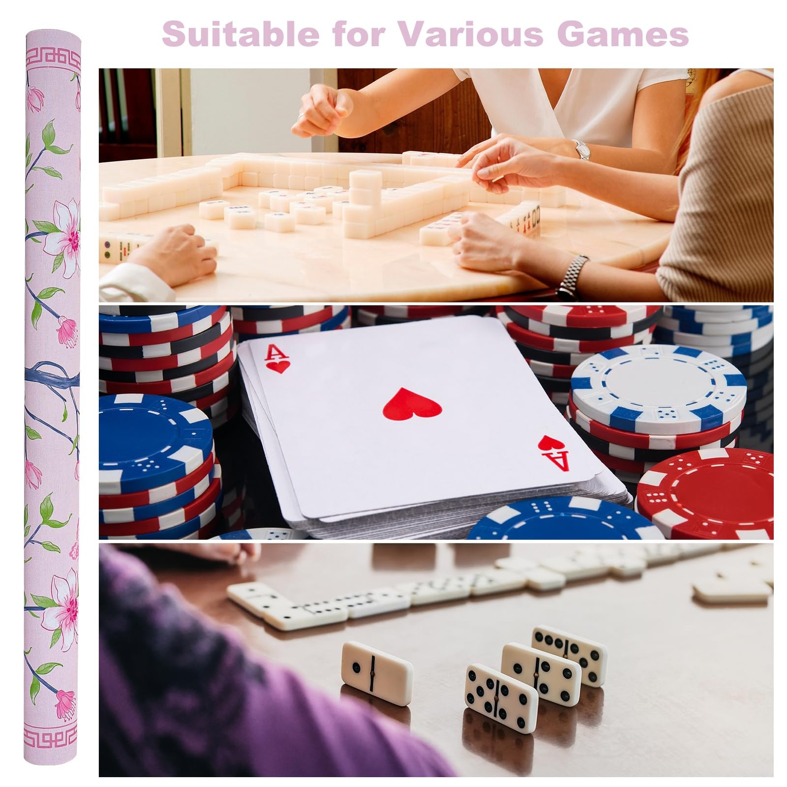 Pink Printed Mahjong Mat (31.5”x31.5”) with Black Carrying Bag, Anti-Slip, No…
