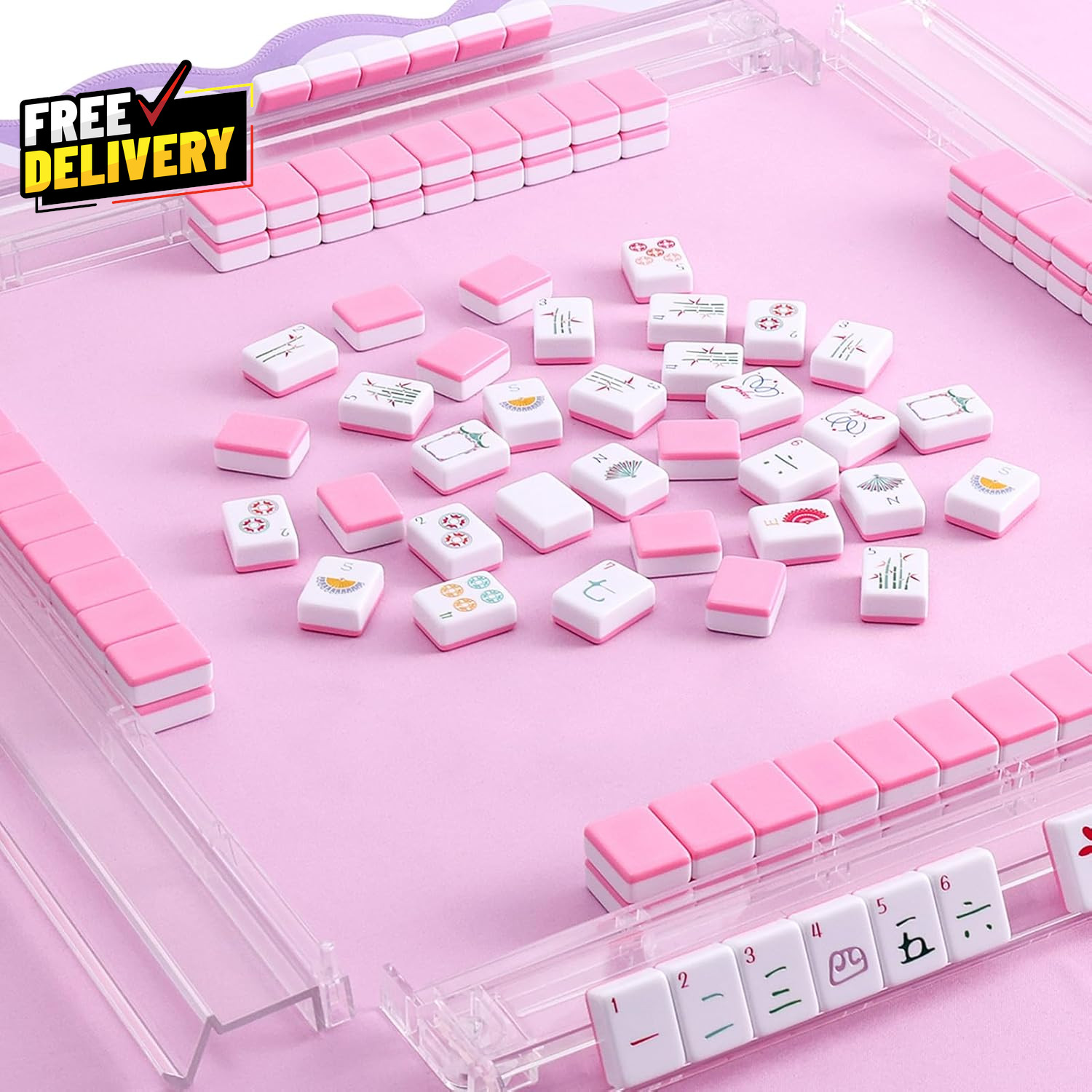 160 Pink Engraved American Mahjong Tiles Set with Carrying Bag and Accessories..