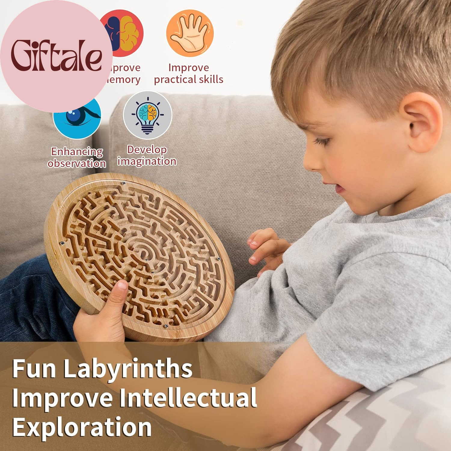 Round Wooden Labyrinth Board Game – Marble Maze for Education and Fun, Toddler A
