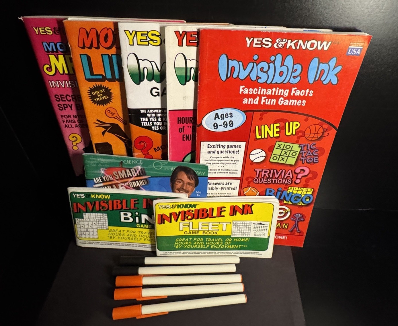 8 Yes & Know INVISIBLE INK Game Puzzle Quiz Books Lot Lee Pub 5 PENS Vtg READ