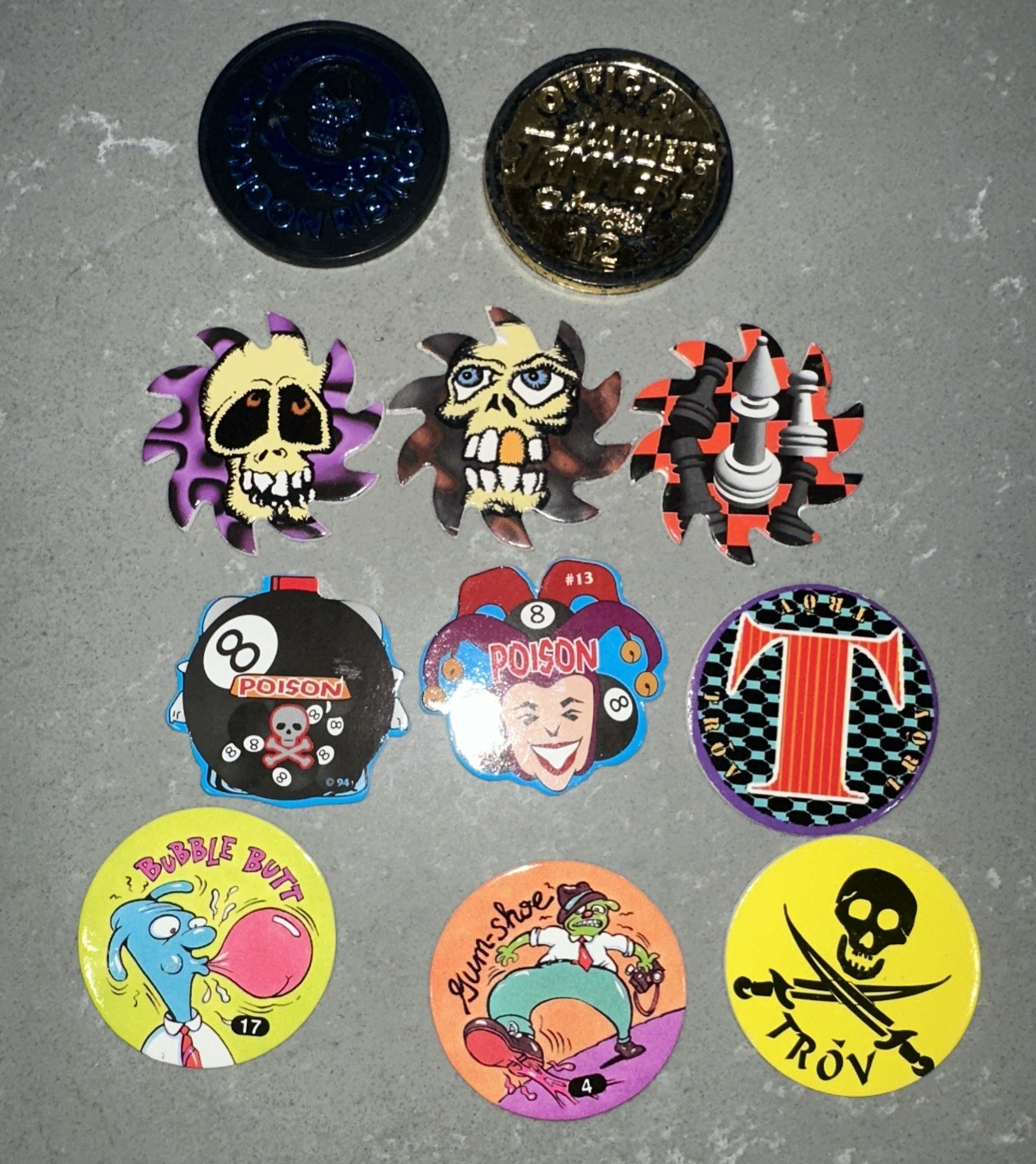 VINTAGE 1990s Lot of 104 POISON Skull Bones Pogs Slammer Whammers Milk Caps