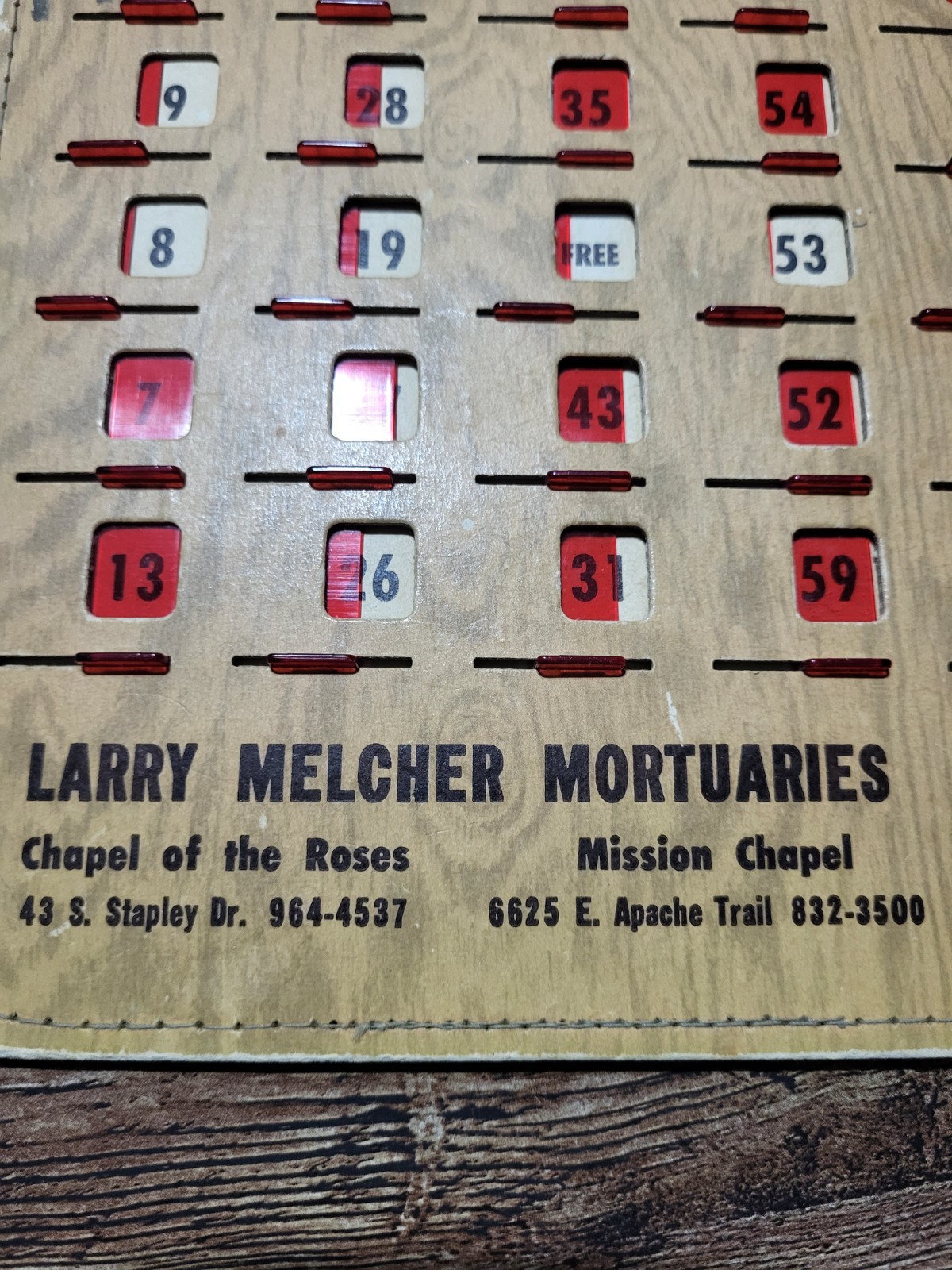 Larry Melcher Mortuaries Mesa Arizona Vintage Bingo Pla-Mor Card 1950’s 60’s !