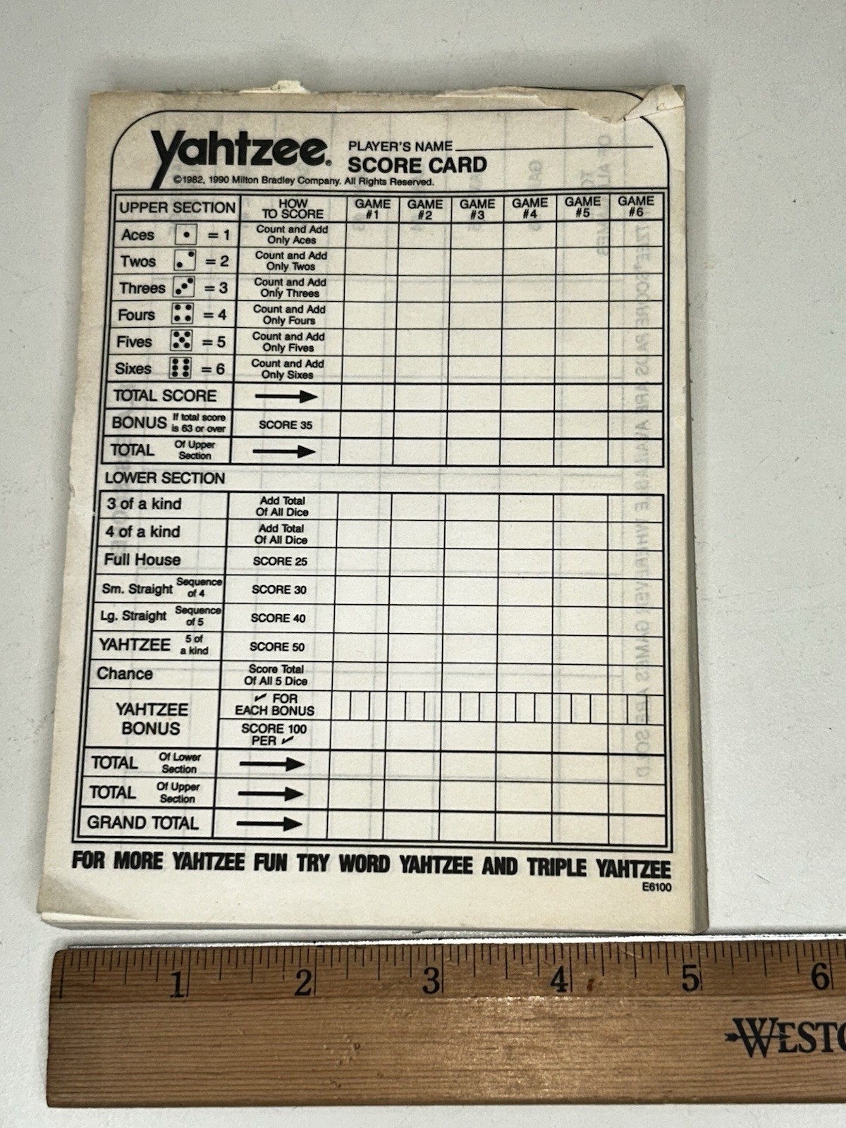 Yahtzee Score Card Pad Replacement Refill Sheets Lowe Milton Bradley 75-80 pages