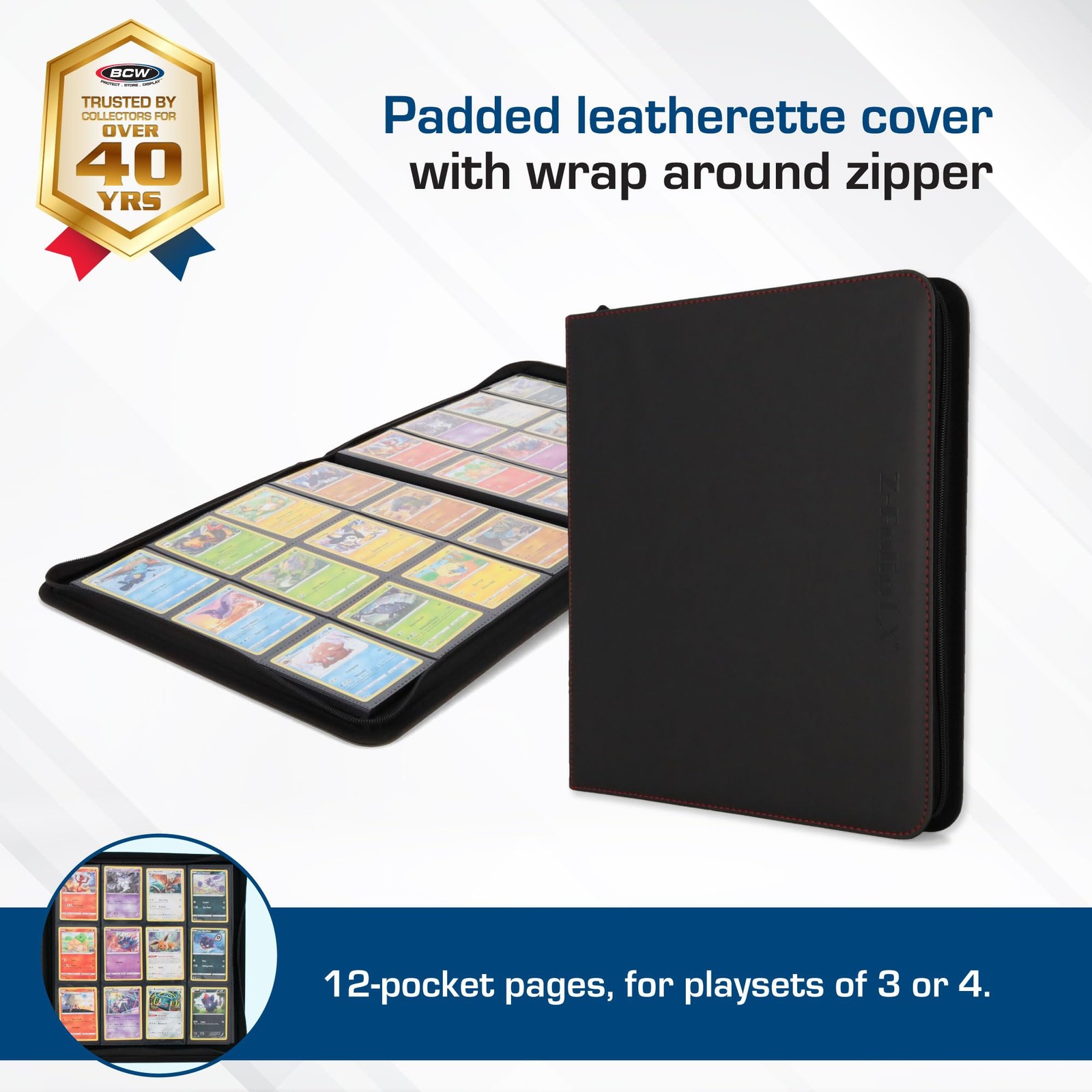 BCW 12-Pocket Zipper-Folio LX Trading Card Binder (Black) | Large, Black