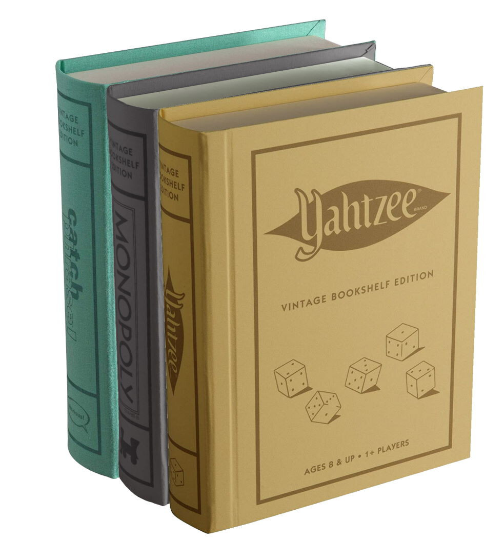 Monopoly, Yahtzee, and Catch Phrase Vintage Board Game Bookshelf Collection New