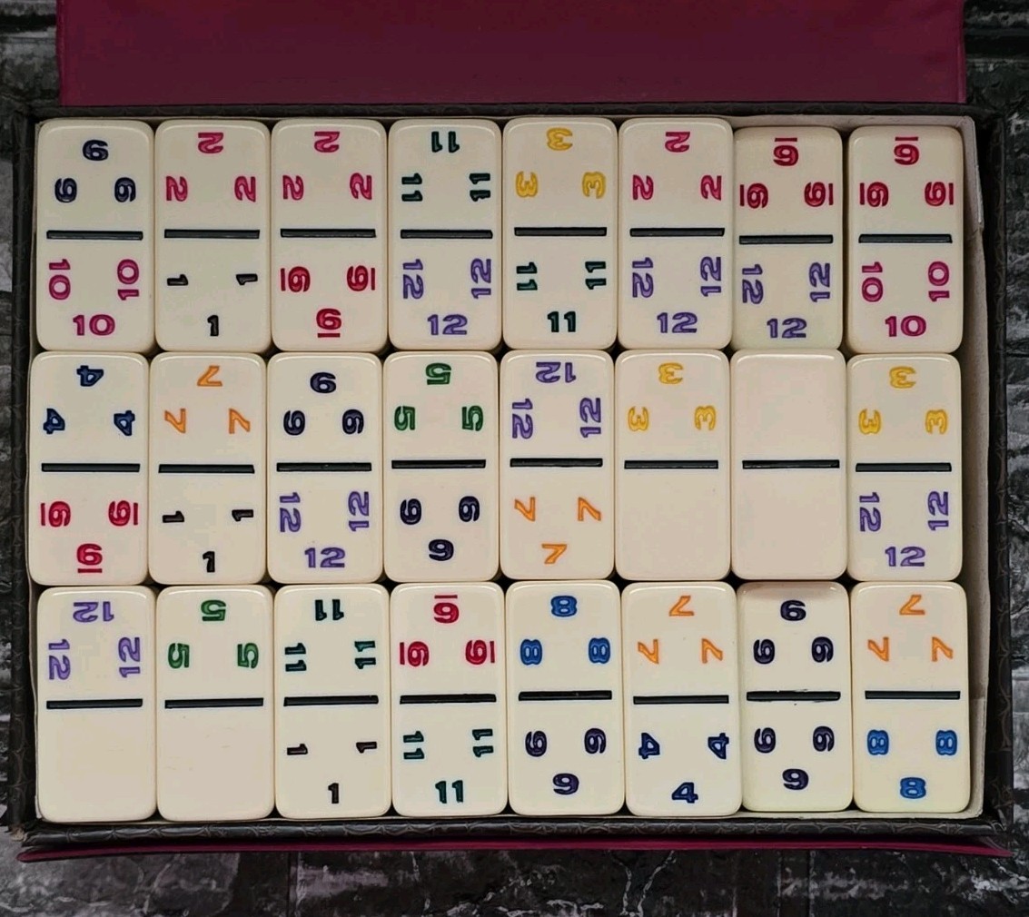 Set of 91 Professional Double Twelve Dominoes Vinyl Case Multicolor Numbers Vtg