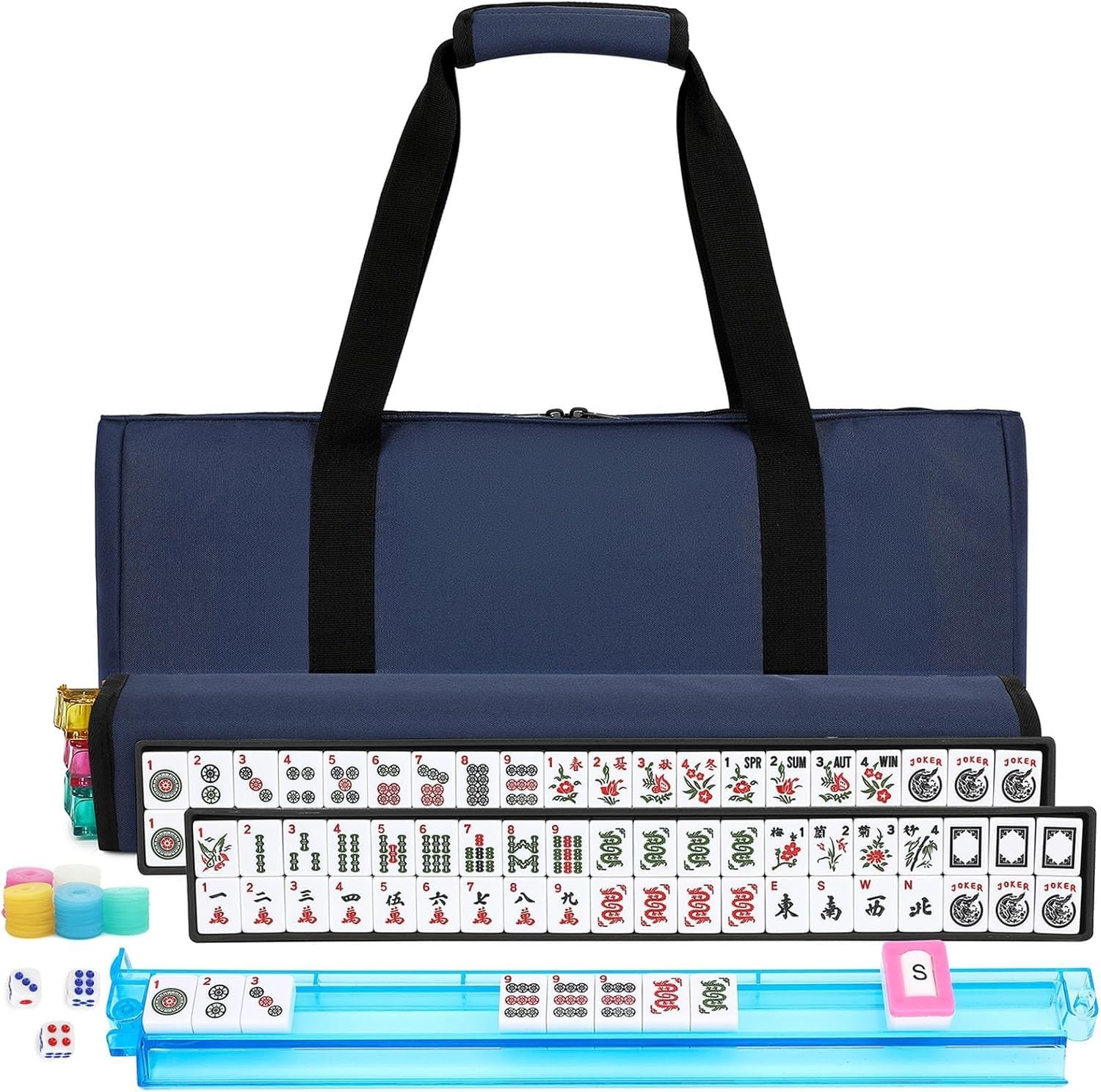 Mahjong Tile Set 166 Tiles 4 Colors Racks Travel Set with Blue Carrying Bag