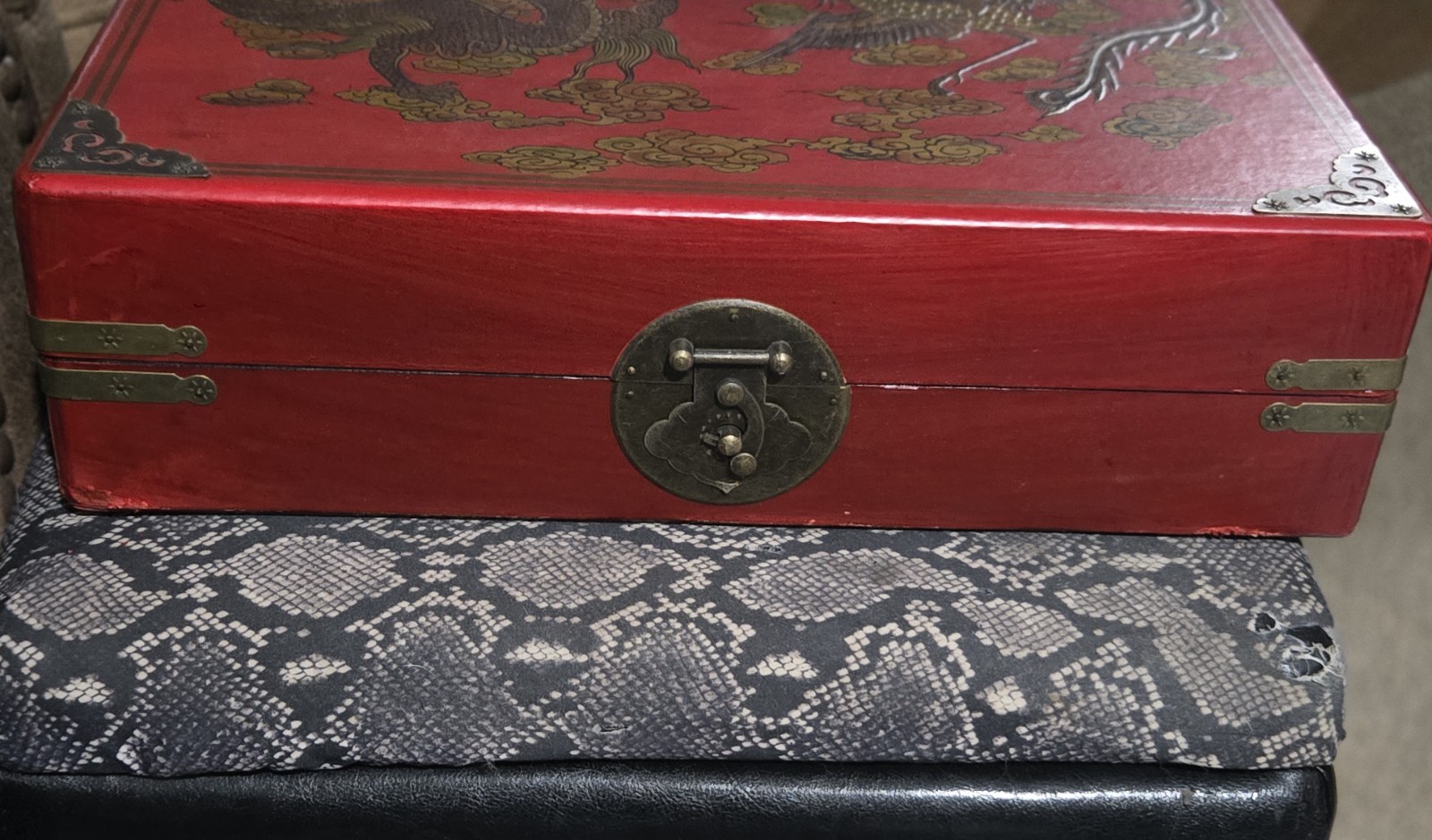 Vintage Red Chinese Game Set Wood Box Dragon & Phoenix Chess Backgammon Checkers