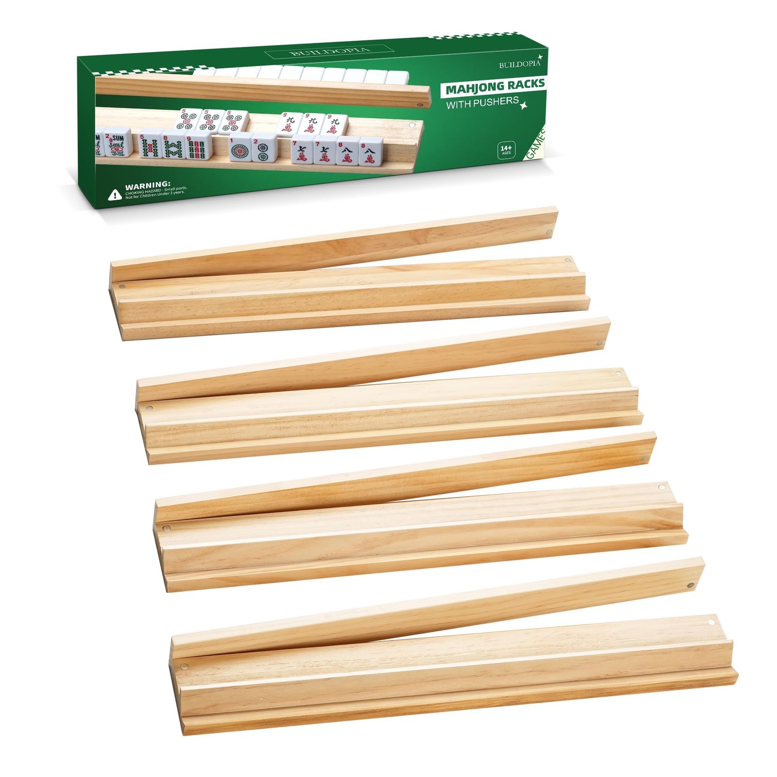 Wooden Mahjong Racks with Pushers, Set of 4, Solid Wood Tile Racks with Push …
