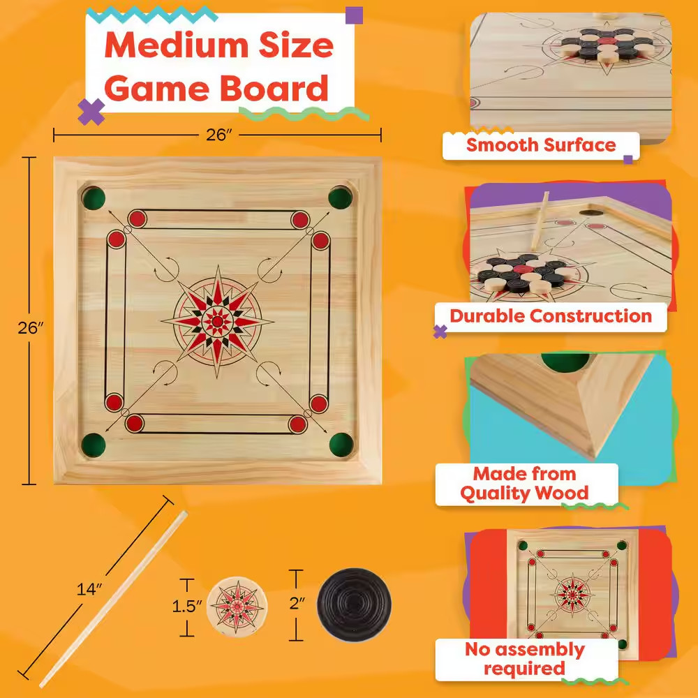 Wooden Carrom Board Game with Cue Sticks