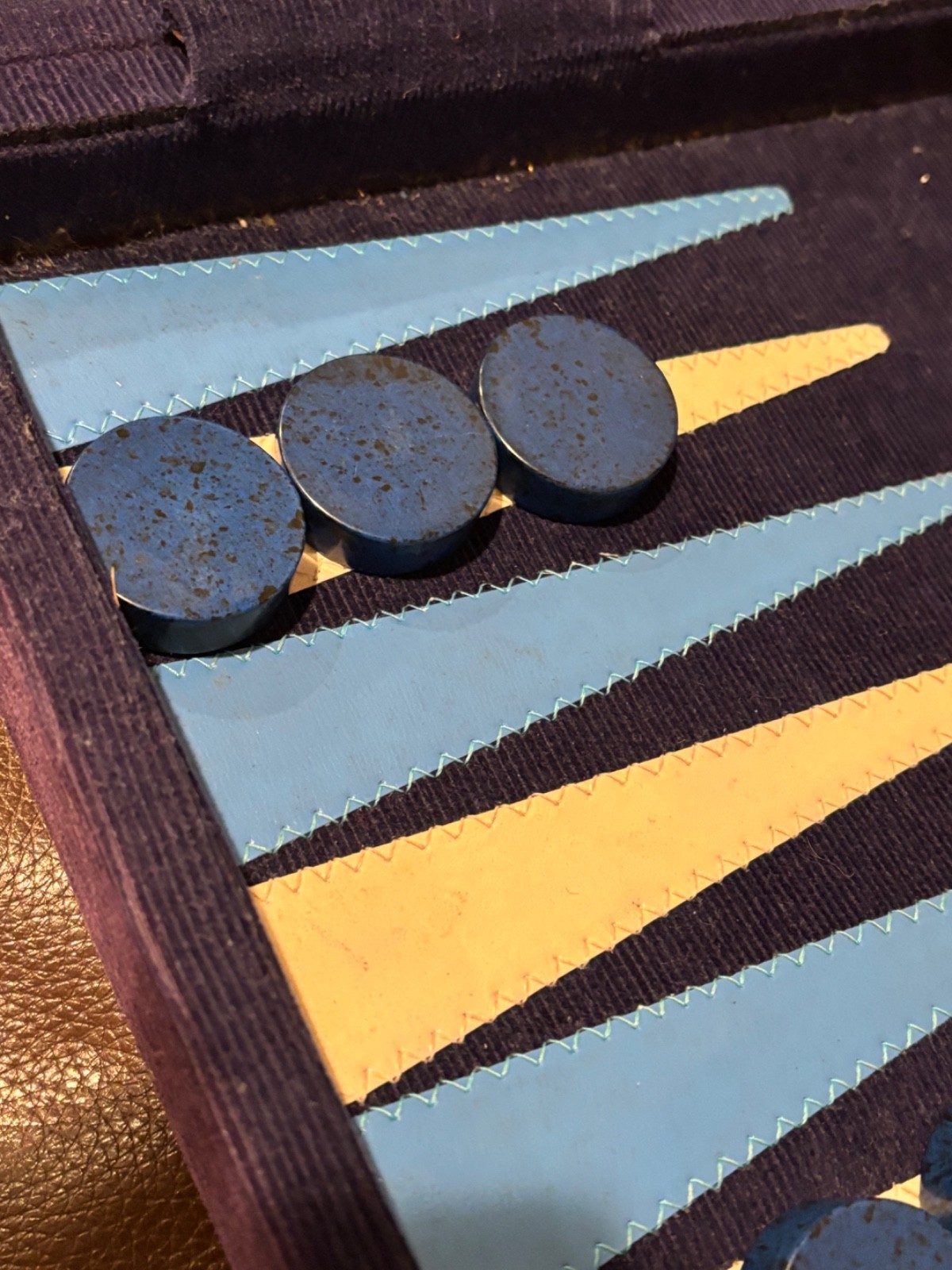 Vintage Backgammon Blue Corduroy Case Blue Black Speck + Cream Checkers