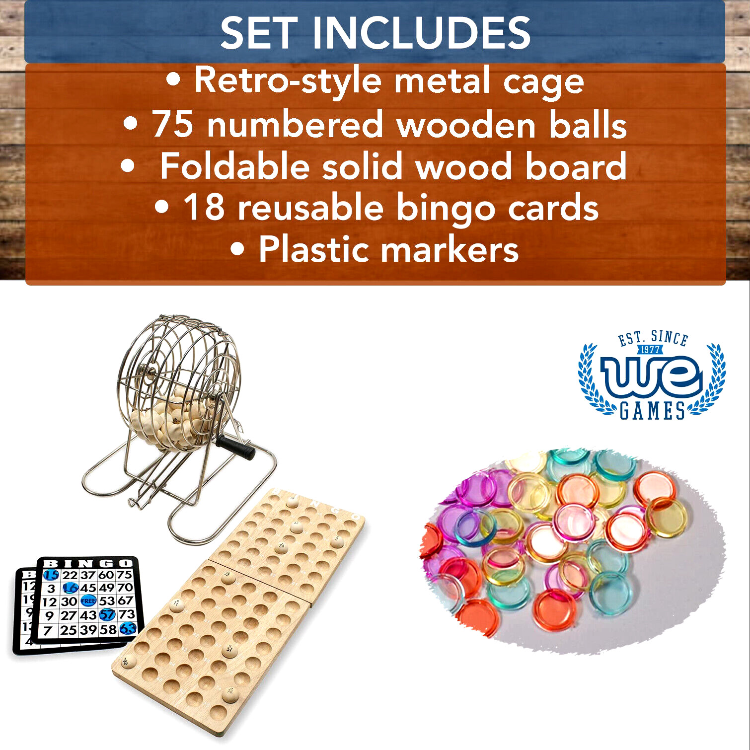 WE Games Retro Bingo Game Set with Metal Rotary Cage, Deluxe Wooden Master