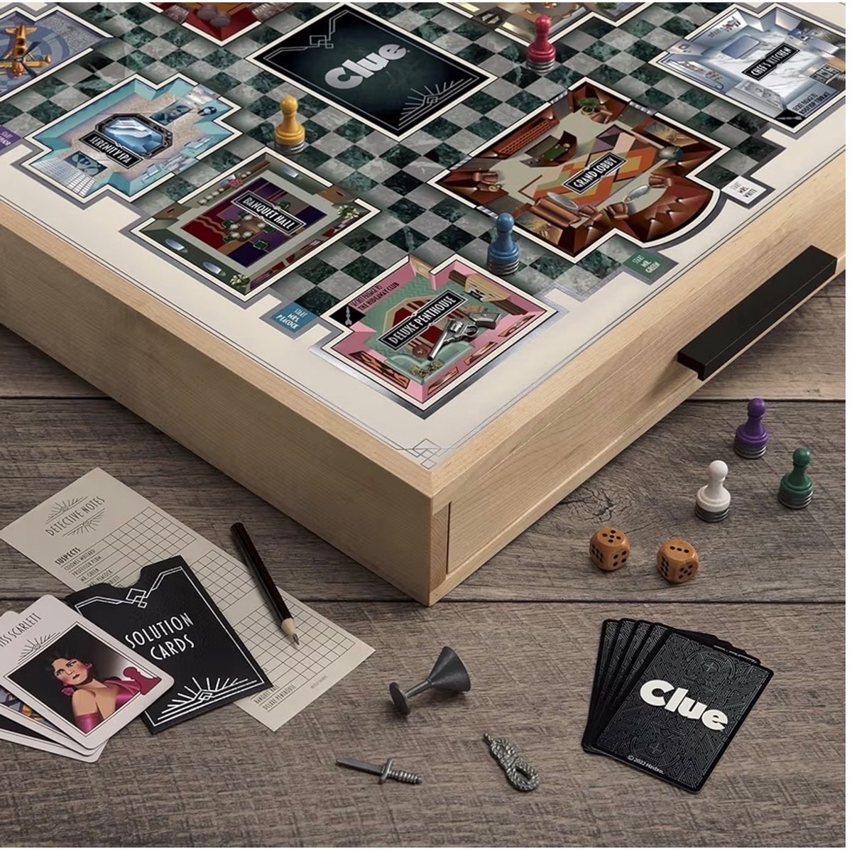 Clue Luxe Edition Board Game with solid maple wood cabinet