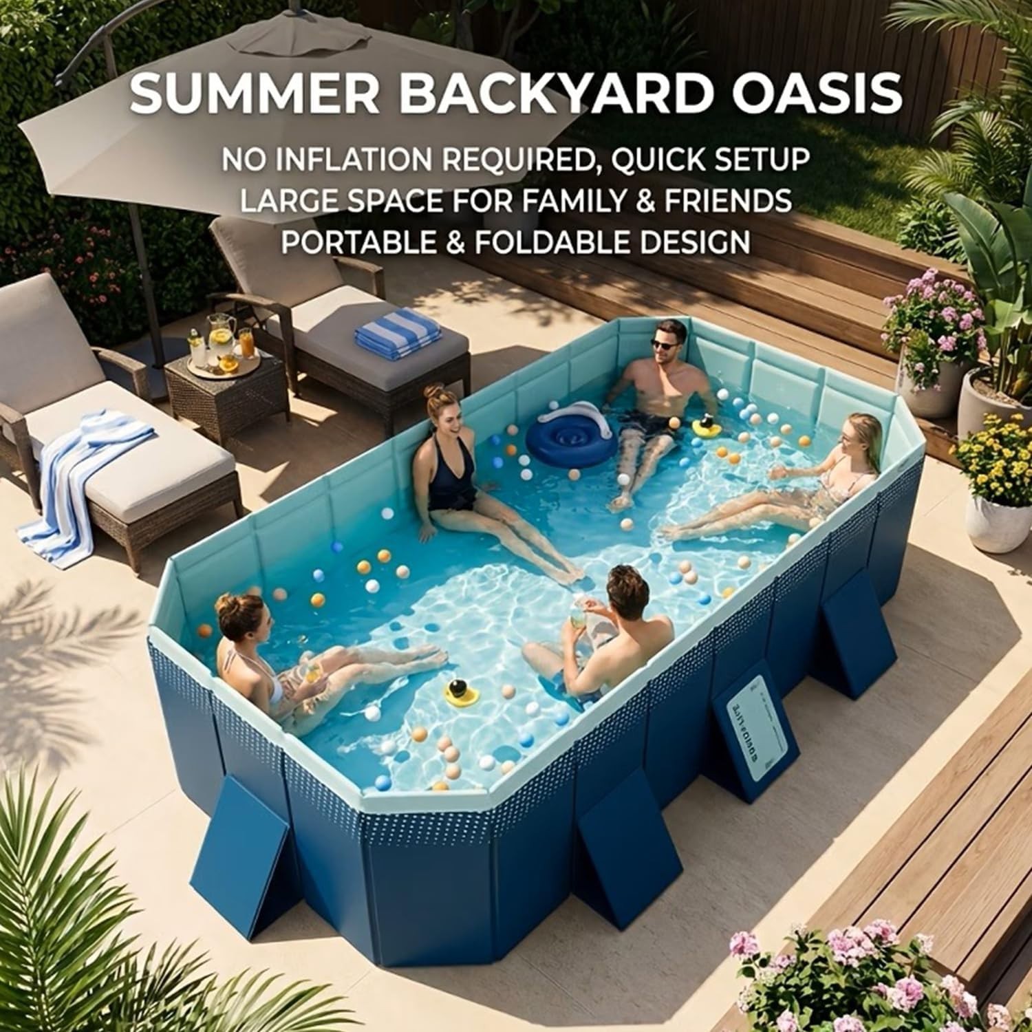 Foldable Pool, Non-Inflatable Swimming Pool for Backyard 113″L x 66″W x 21″H