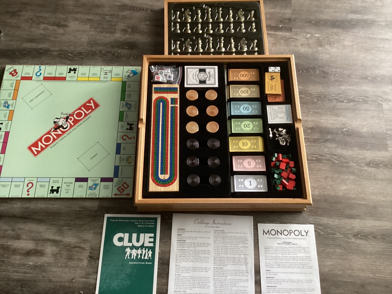 Hasbro/Parker Brothers, Monopoly, And Clue +6 Classic Games. Wooden Game Set