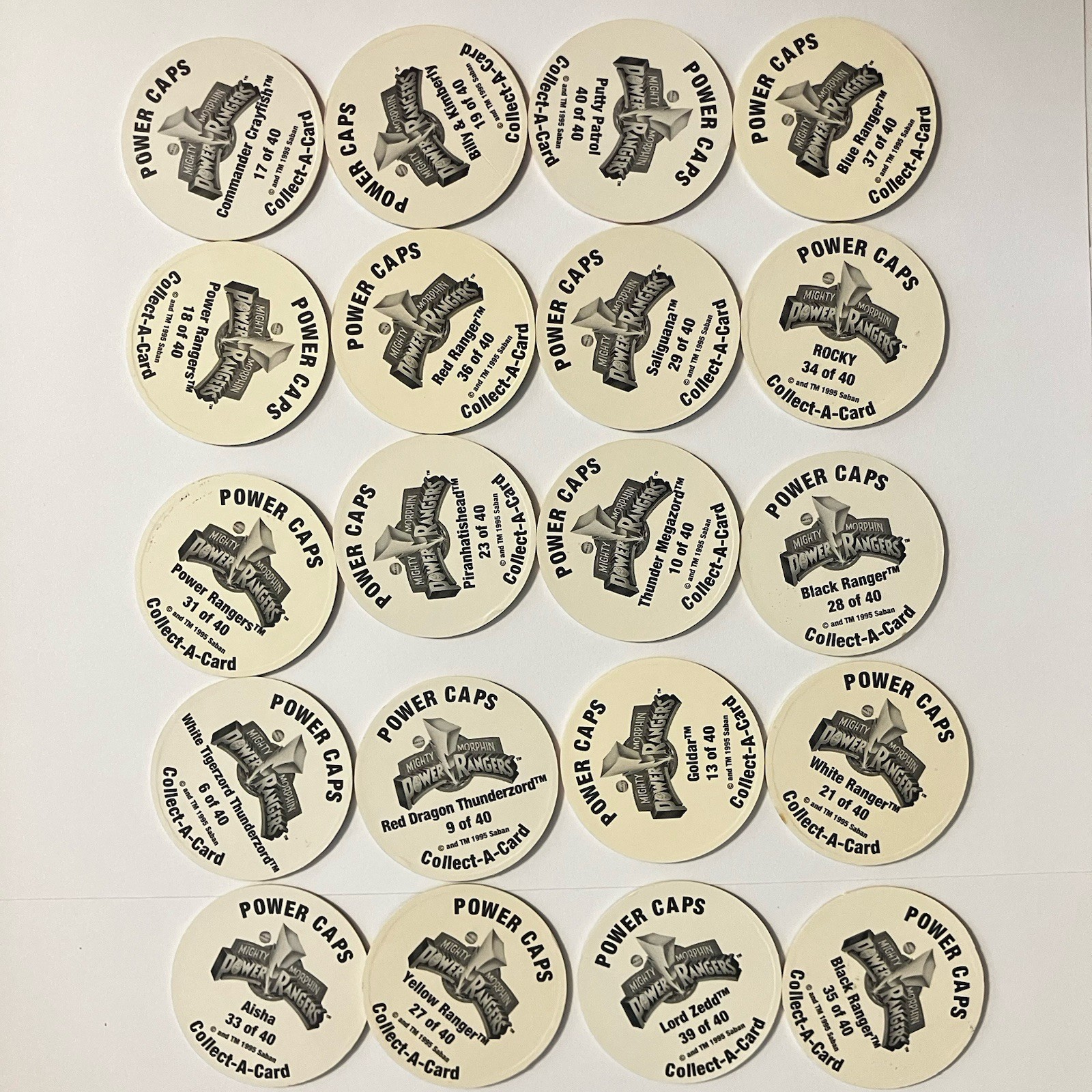 Lot of 20 Pogs Mighty Morphin Power Rangers Pogs from 1995 Saban Power Caps