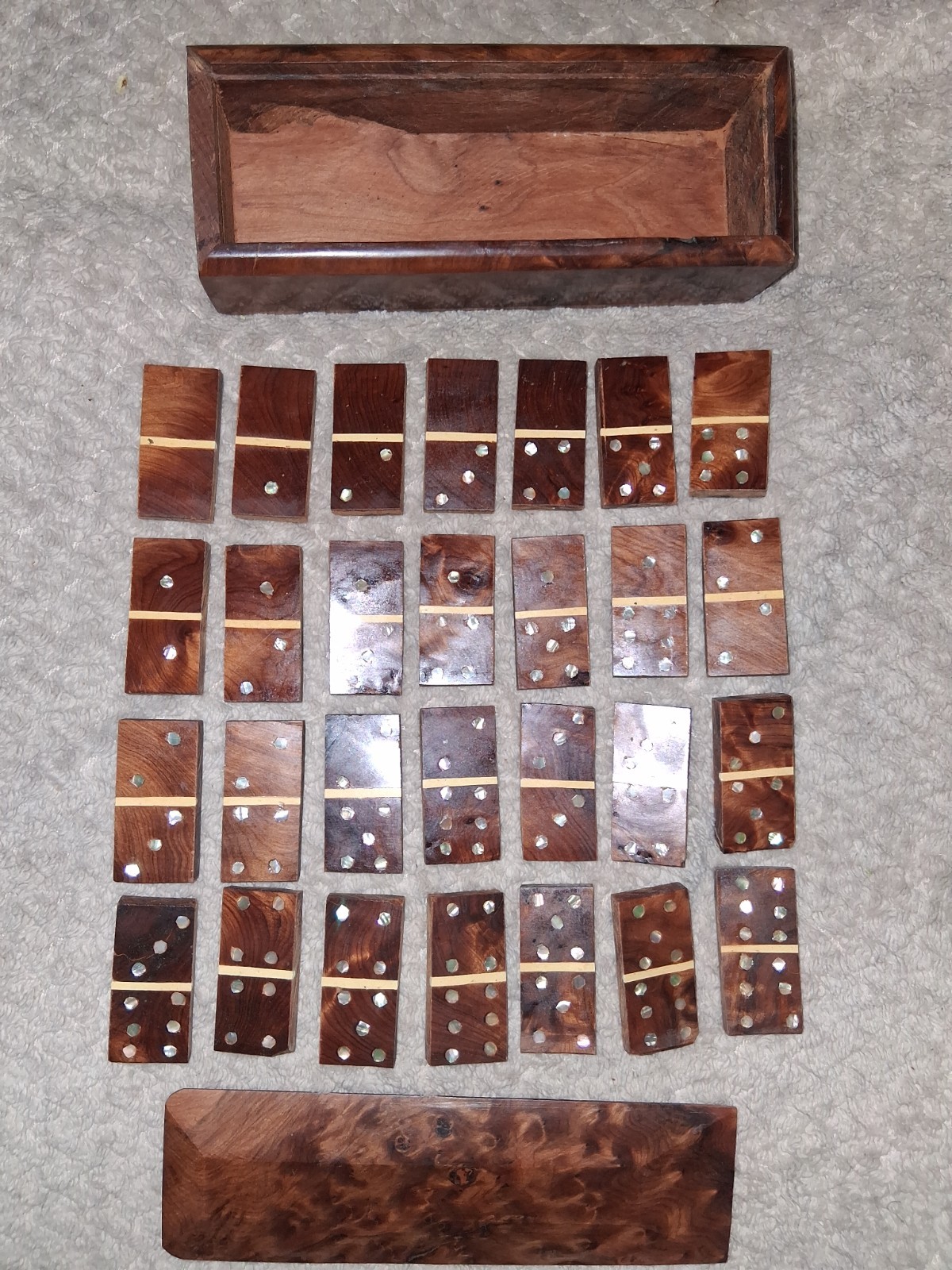Handmade Burlwood Mother Pearl Wooden Box Set Dominoes Double Six 28 Vintage Set