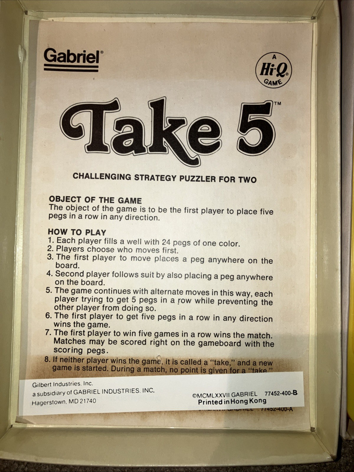 Vintage Take 5 Strategy Puzzle Game Gabriel 1977 Made in Hong Kong