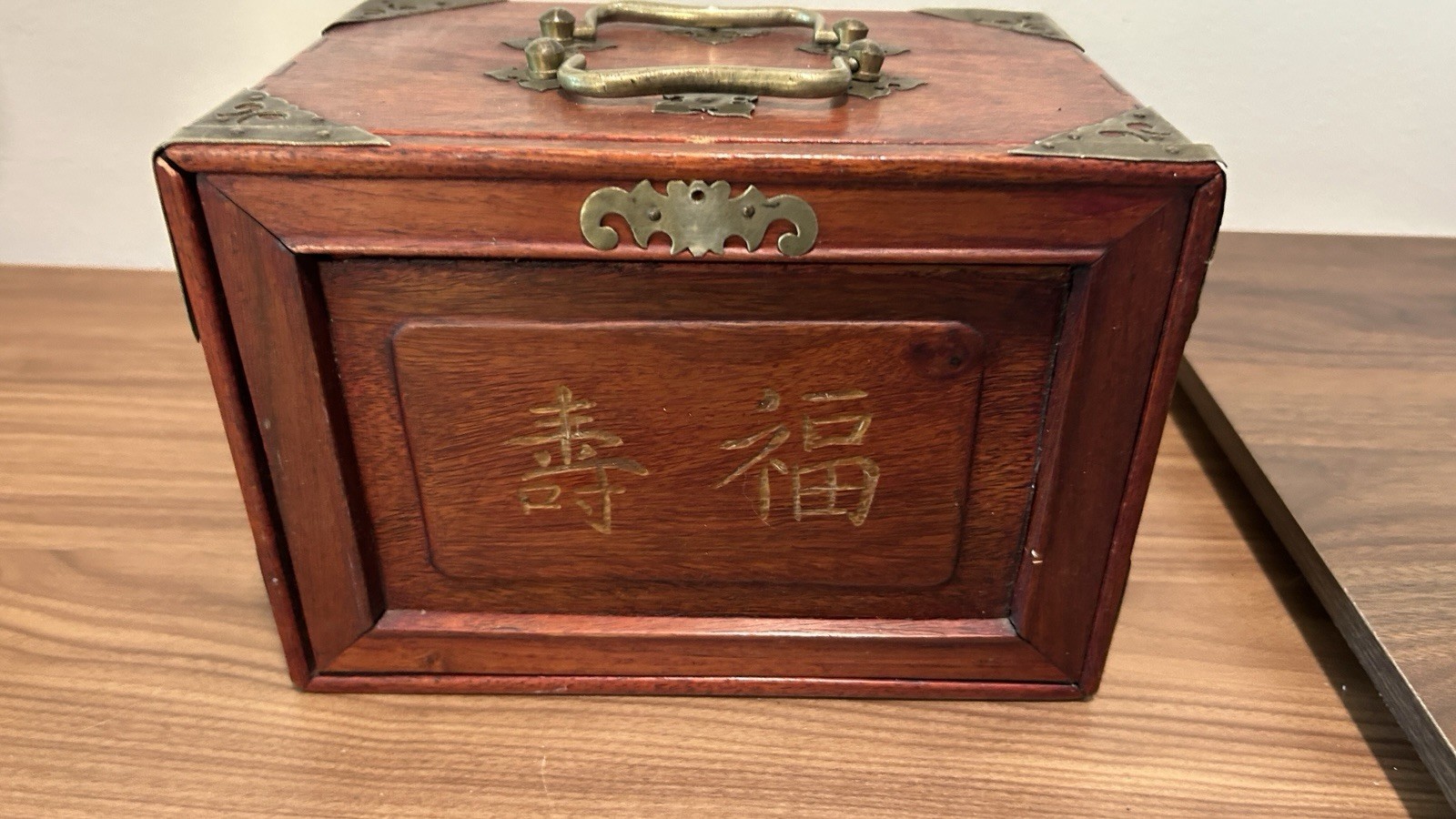 VERY NICE Antique Vintage Chinese Mahjong Wood Brass Drawers Case Box ONLY