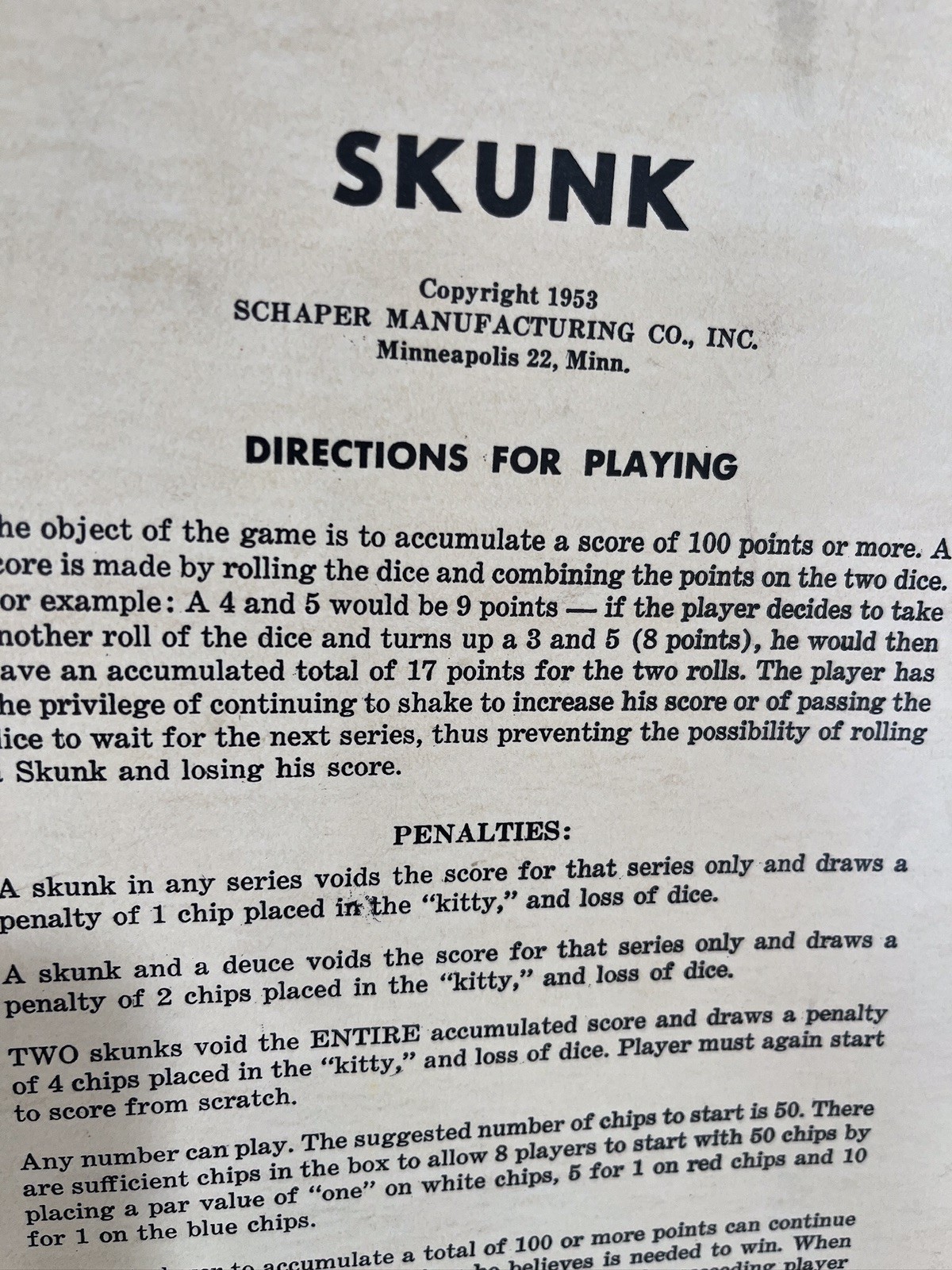 Vtg SKUNK Party Game 1953 #500 Schaper Looks To Be Complete MCM 50s Party *READ*