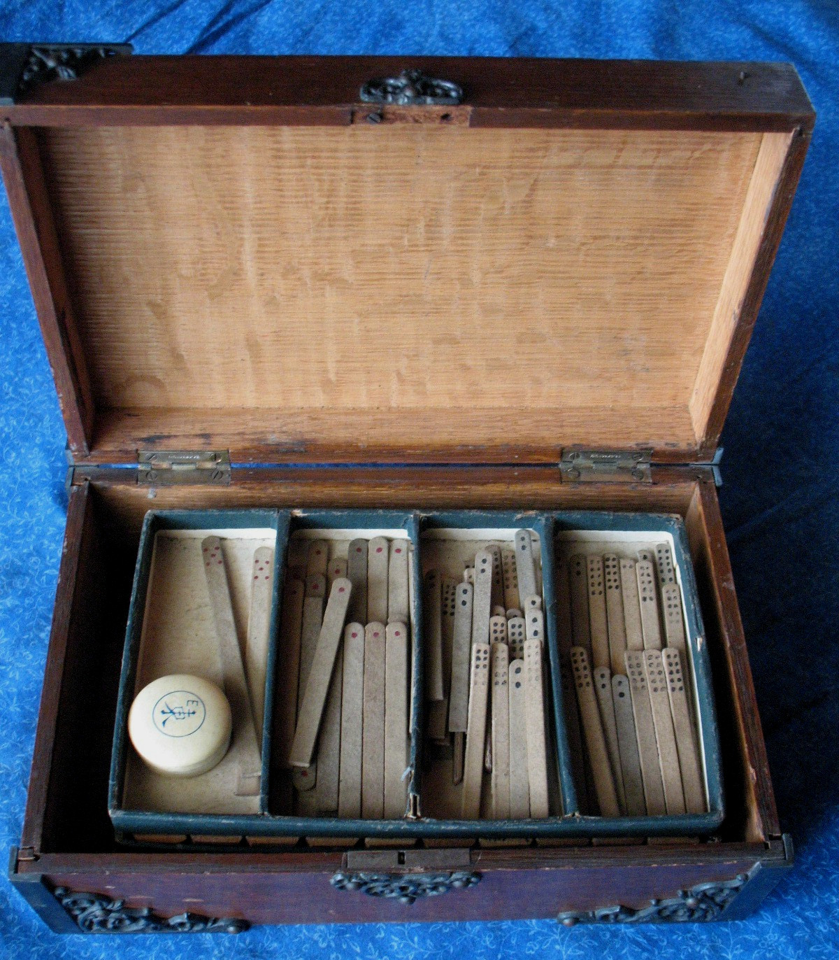 Antique Mahjong Set Oak Case 120 Painted Wood Tiles Dice Sticks Dated 1923