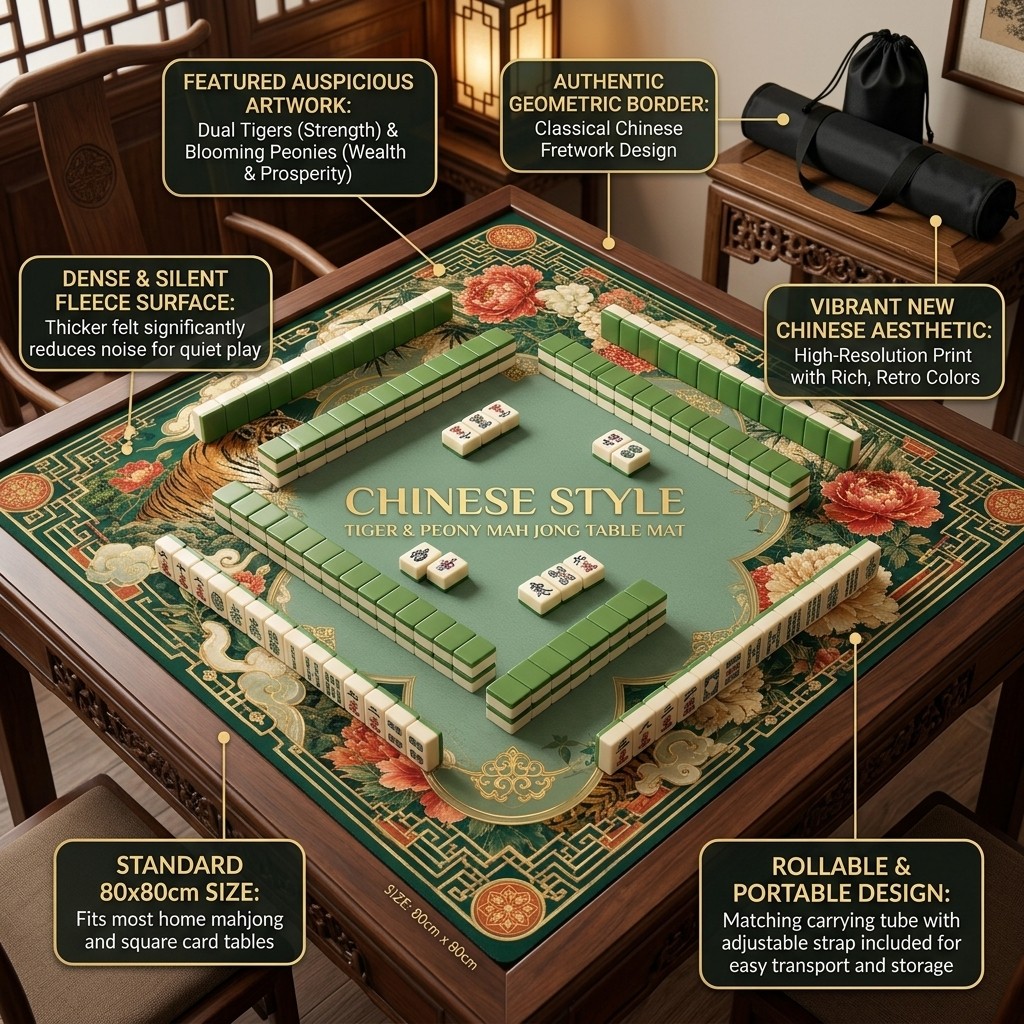 Chinese Tiger Mahjong MatNon Slip Table Pad 31.5×31.5″ With Free Carry Bag