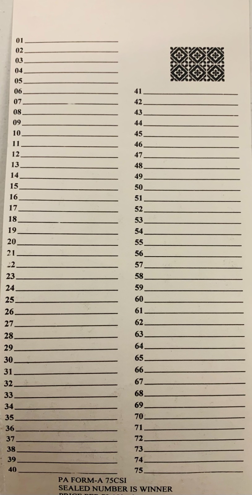 #75 Sure Tip Board (01-75) Raffle/Bingo/Jar Single Tickets 1-Fold Made in USA