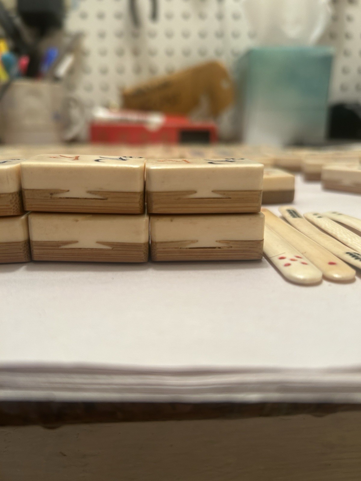 Vintage Bone and Bamboo Mahjong Tiles And Bag of Counting Sticks