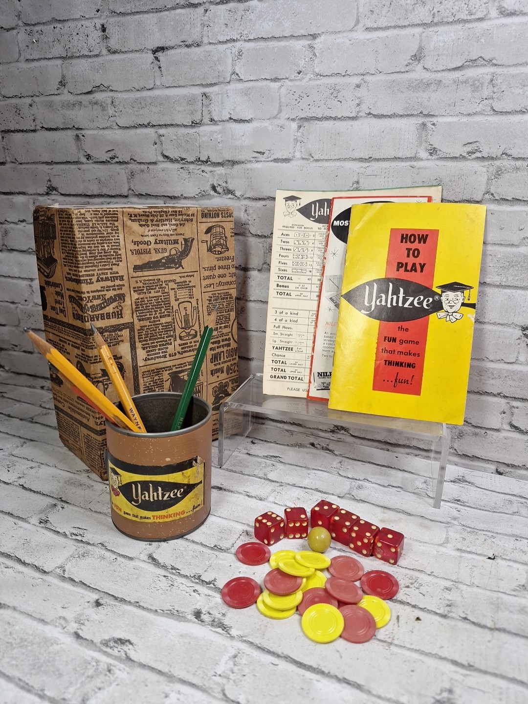 Vintage 1960’s Yahtzee Game Includes Dice Cup Chips Score Cards & Instructions