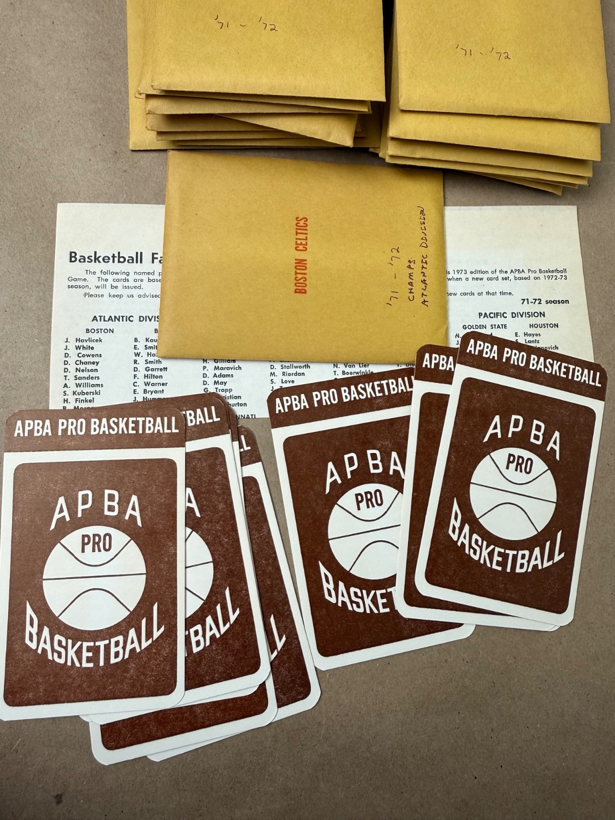 Vintage APBA Basketball Game Cards, Complete 1971-72 Basketball season