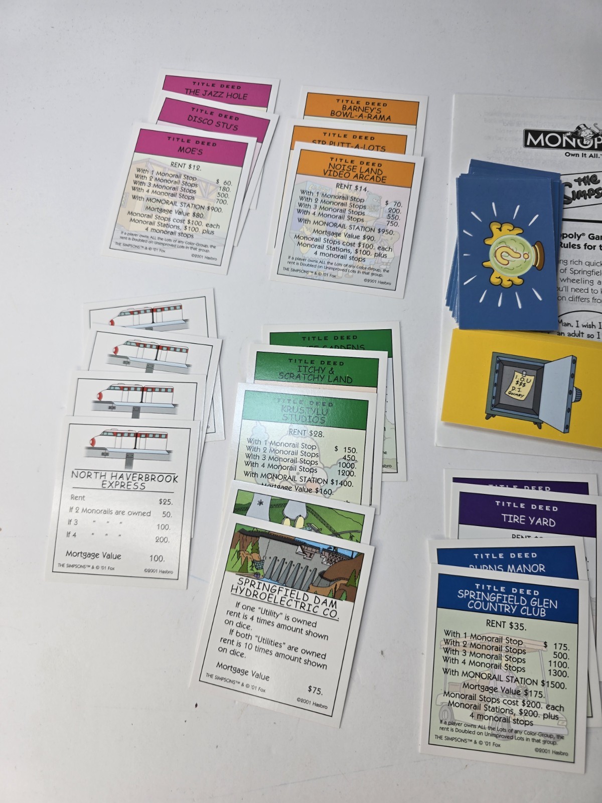 Monopoly The Simpsons 2001 Complete Title Deed Chance & Chest Replacement Cards