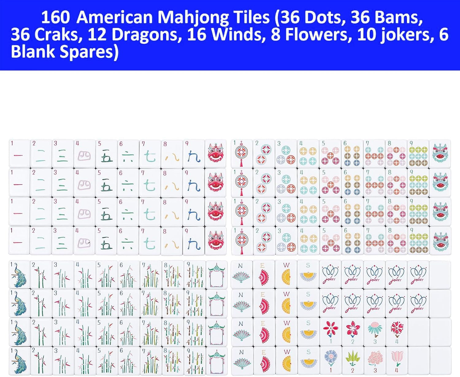 160 Deep Blue Engraved American Mahjong Game Set with Carrying Bag and Accessori