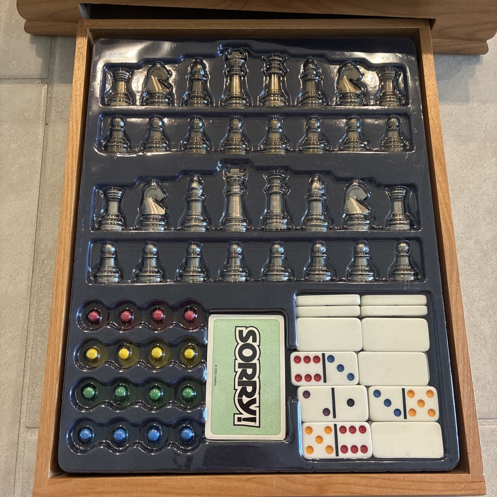 2003 Wood Case Monopoly/Sorry/Cribbage/Checkers/Chess/Cards/Poker Dice Read