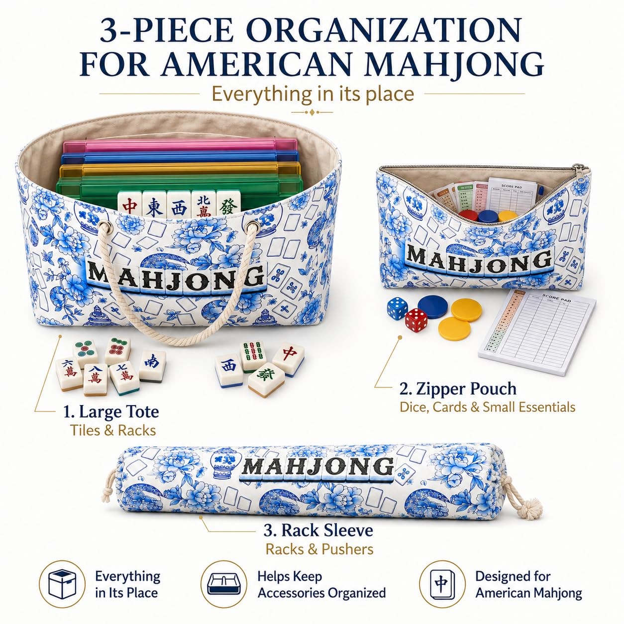3 Pcs Empty American Mahjong Bags for Tiles and Racks and Mat, Blue Floral Ma…