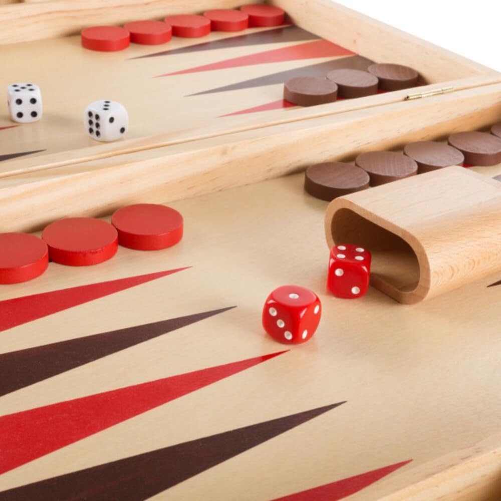 Wood Backgammon Board Game – Complete Set with Folding 15×22 inches, Brown