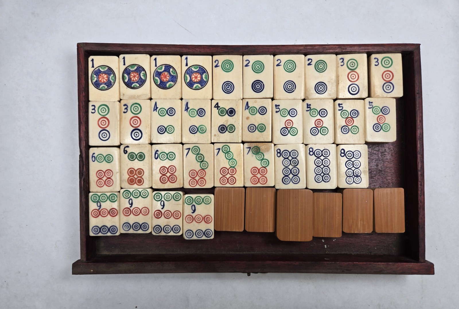 Mahjong Hand Carved Tiles in Original wood trays c.1920 Bamboo Bone 210 tiles +