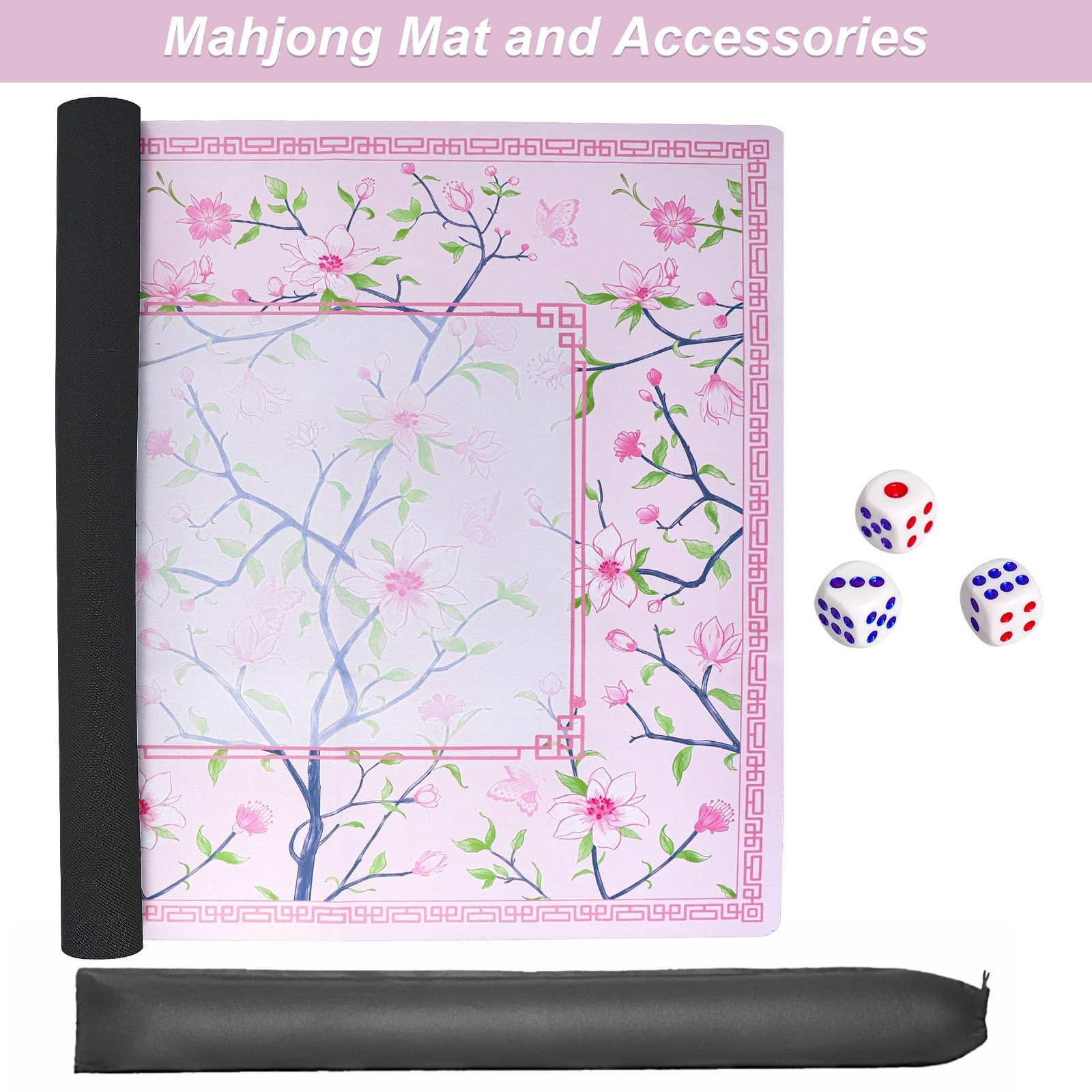 Pink Printed Mahjong Mat (31.5”x31.5”) with Black Carrying Bag, Anti-Slip, No…
