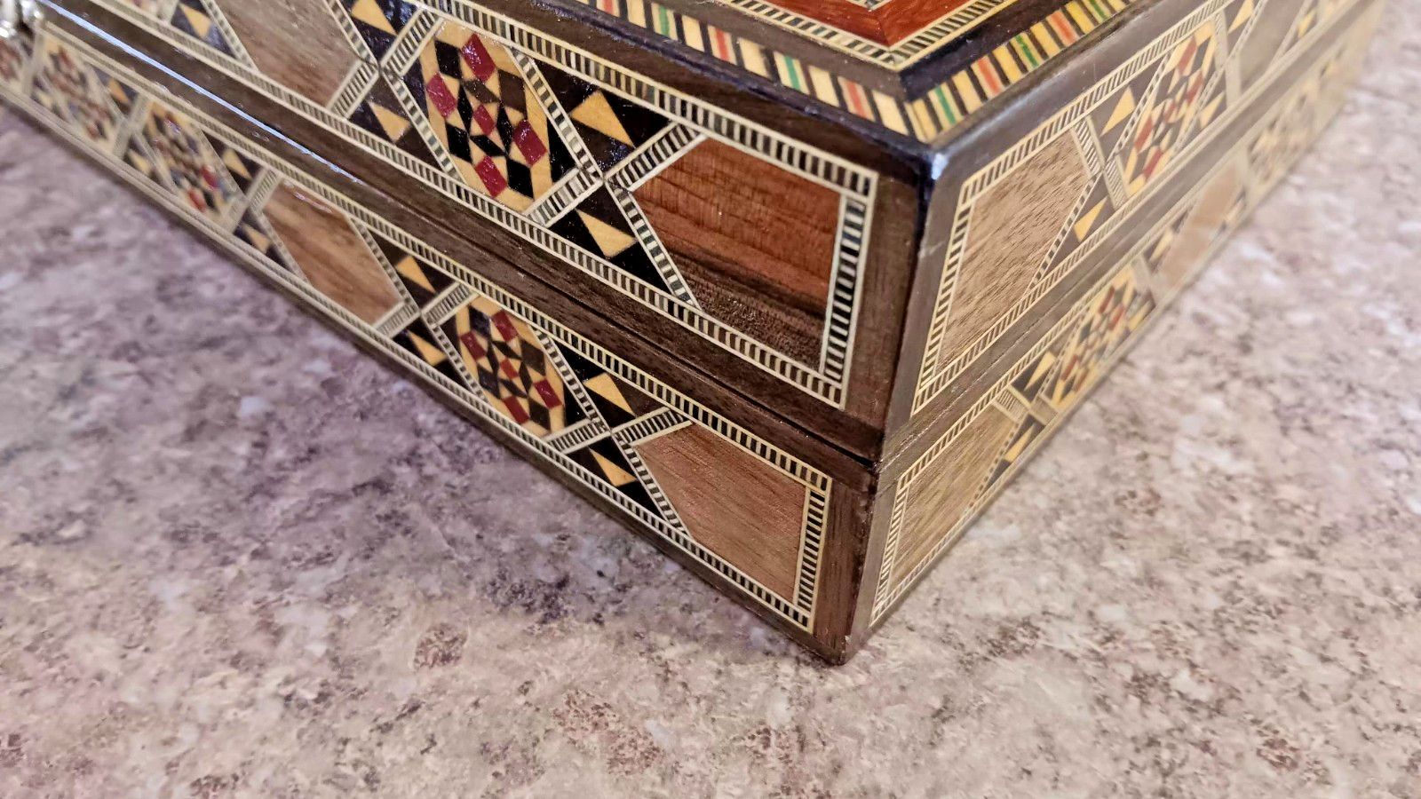 Wood Backgammon Game Box Vintage Inlaid Wood Middle Eastern Mosaic 16x8x3 inches