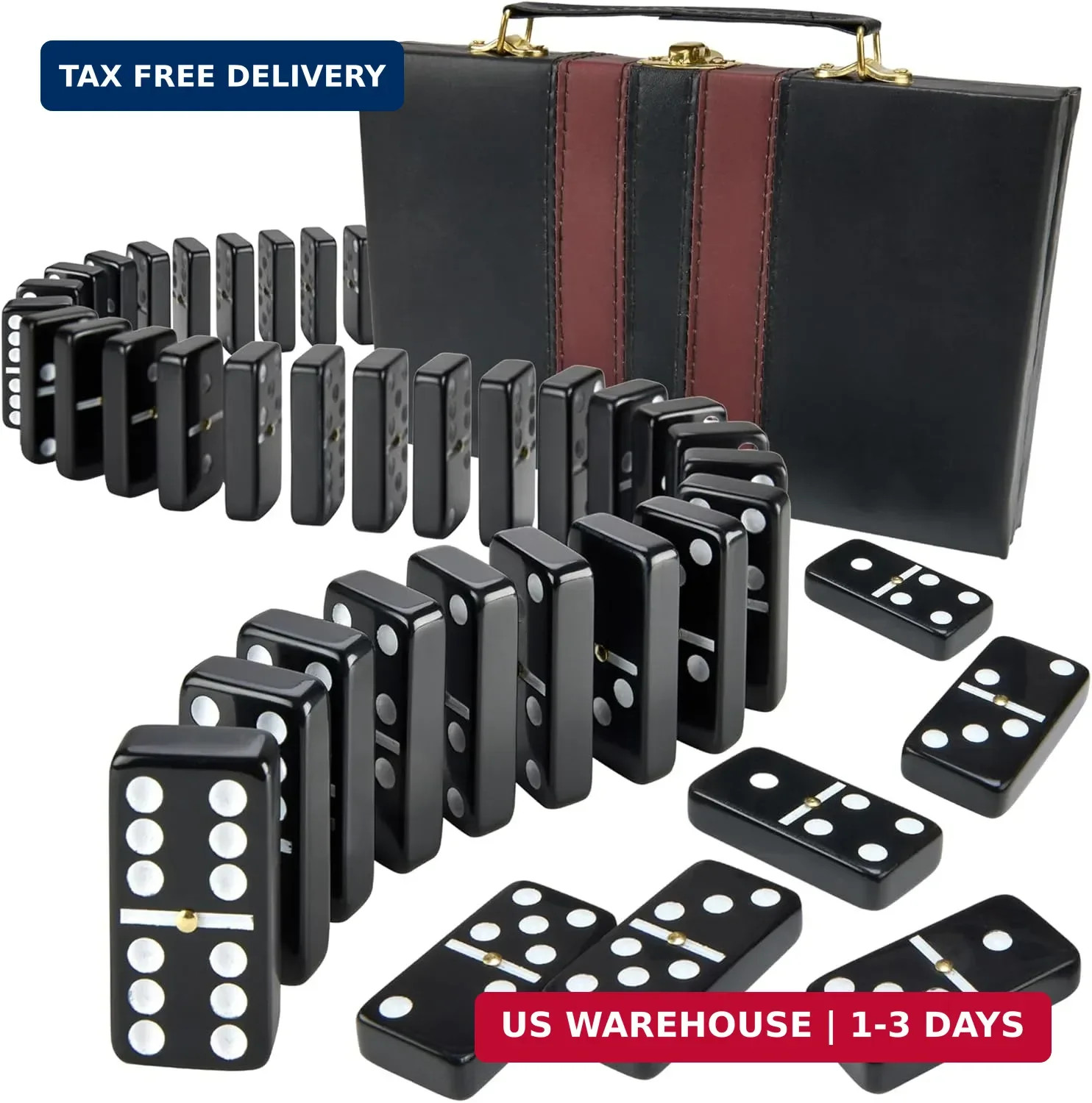 Jumbo Double Six Dominoes Set – 28 Black Classic Tiles in Faux Leather Case