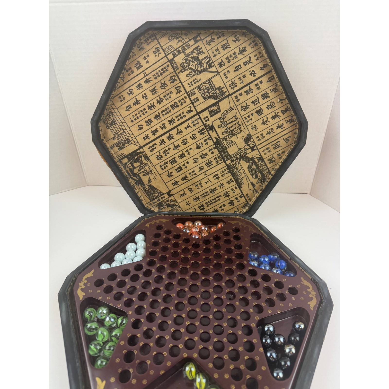 VTG Chinese Checkers Wood Box Set Dragon Phoenix Glass Marbles Some missing