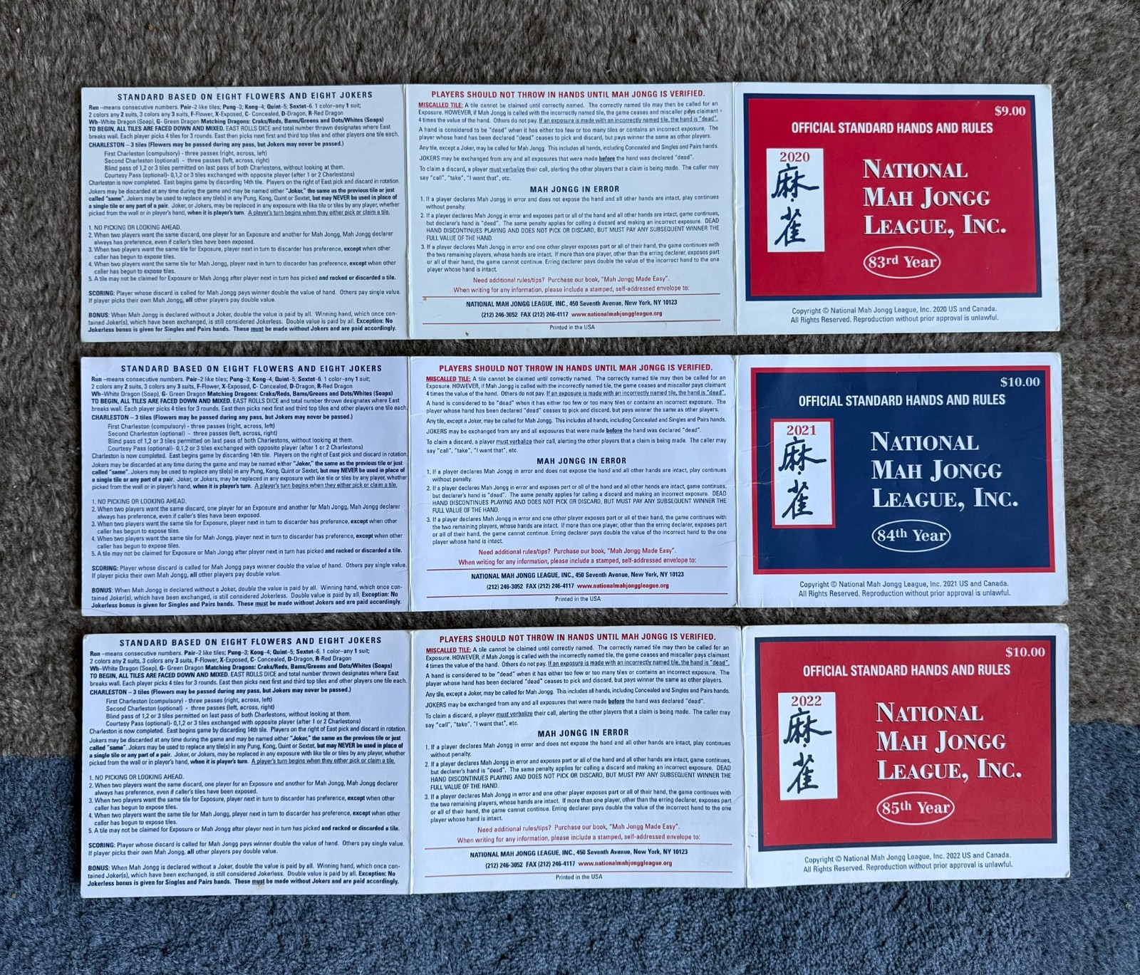7 National Mah Jongg League NMJL Standard Hands And Rules Cards 2016 – 2022