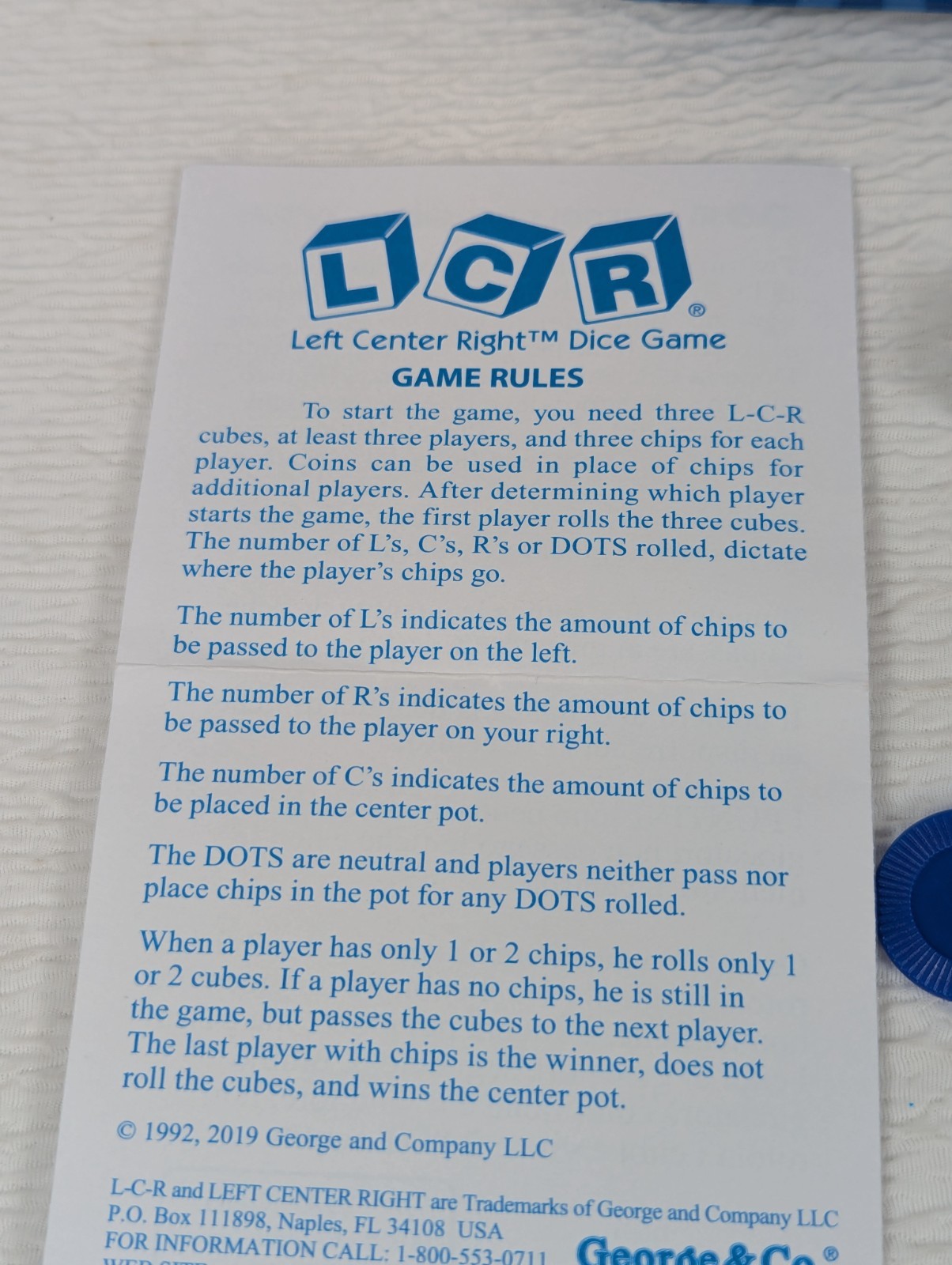 LCR – Left Center Right – Original Dice Game – Blue Tin
