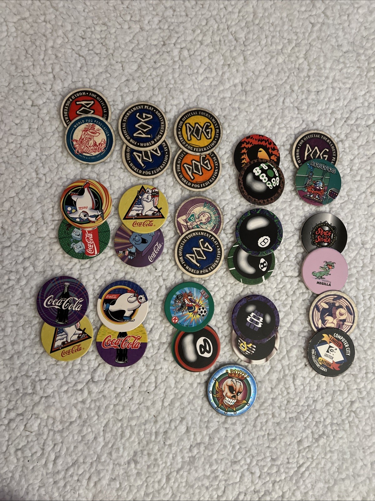 30 Pogs 1994 The World Pog Federation Coca Cola Logitech Icee Slammer