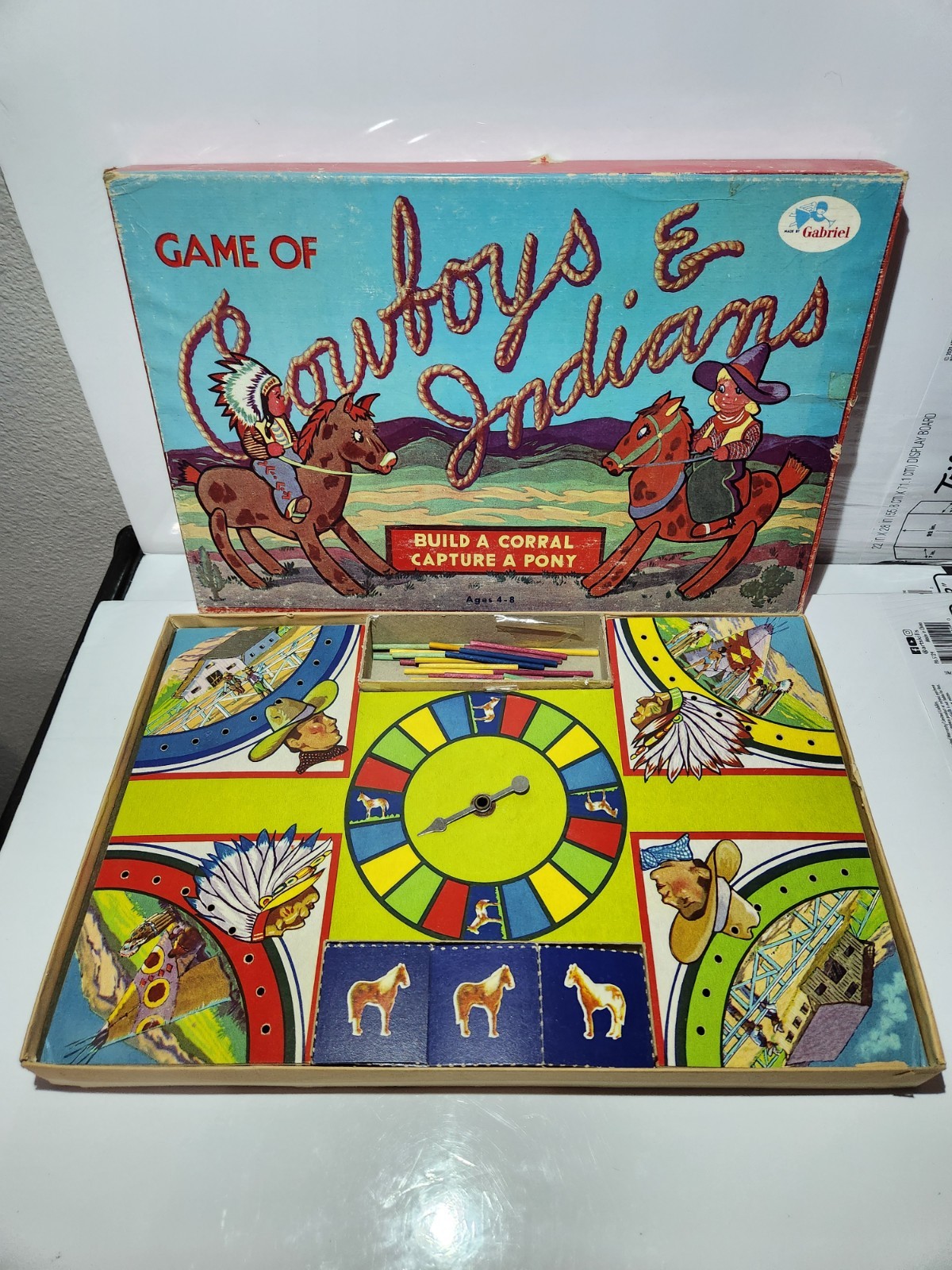 GAME OF COWBOYS AND INDIANS 1950 SAML GABRIEL SONS GREAT GRAPHICS WOODEN PIECES
